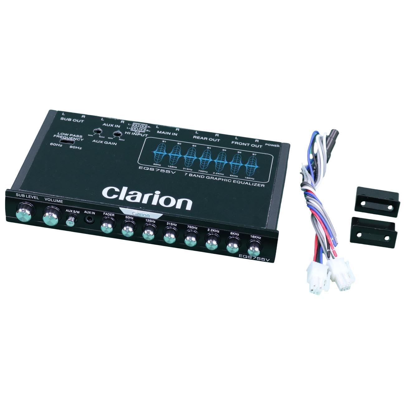 Clarion EQS755V 7-Band Car Audio 1/2-DIN Size Car Graphic Equalizer/Crossover with Front 3.5mm Auxiliary Input, Rear RCA Auxiliary Input and High Level Speaker Inputs