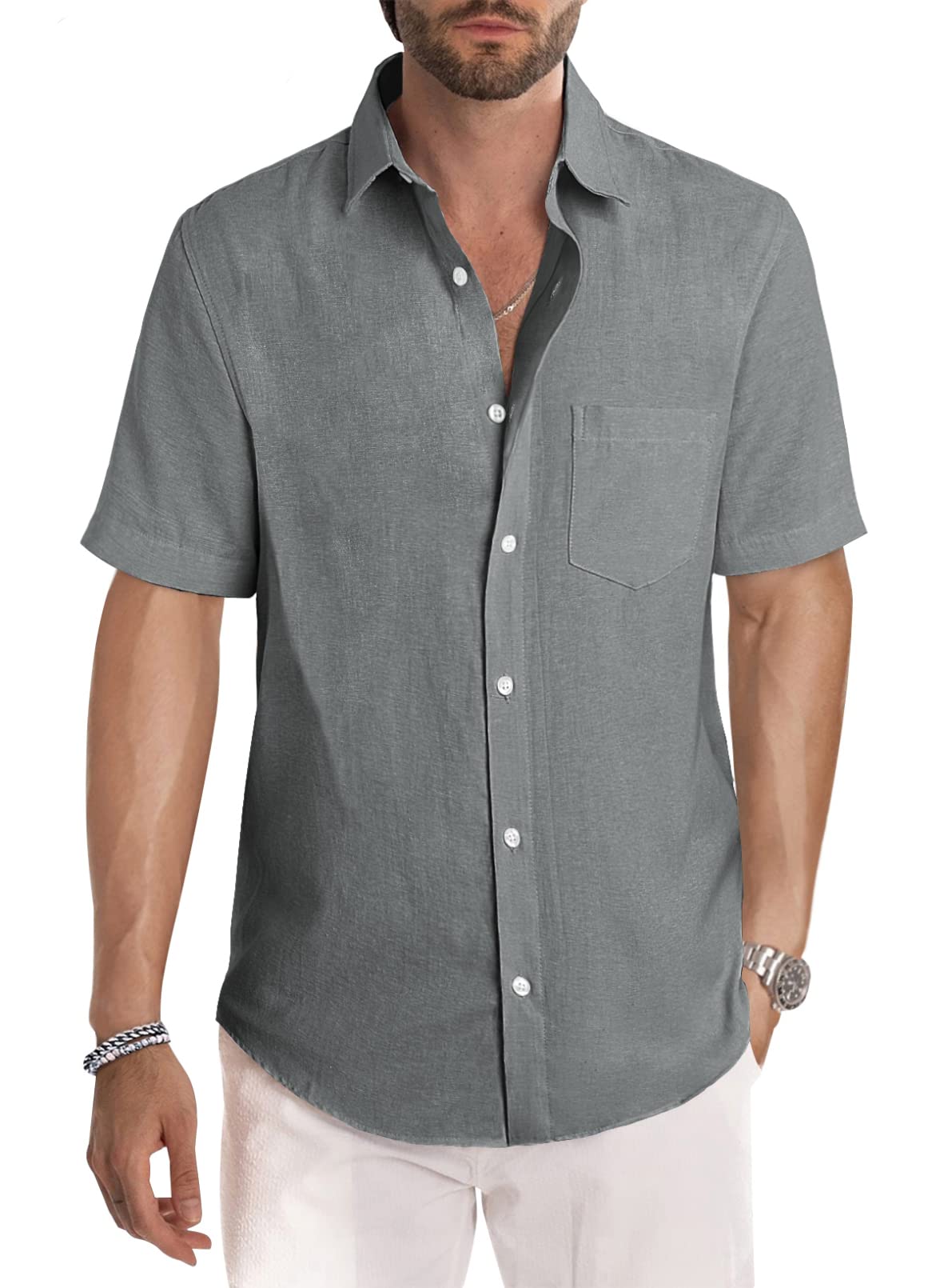 JMIERR Men's Casual Stylish Short Sleeve Button-Up Striped Dress Shirt Cotton Beach Shirts