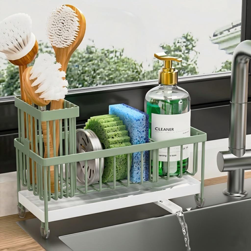 Cisily Sponge Holder for Kitchen Sink, Sink Caddy Organizer with High Brush Holder, Kitchen Countertop Organizers and Storage Essentials, Rustproof 304 Stainless Steel