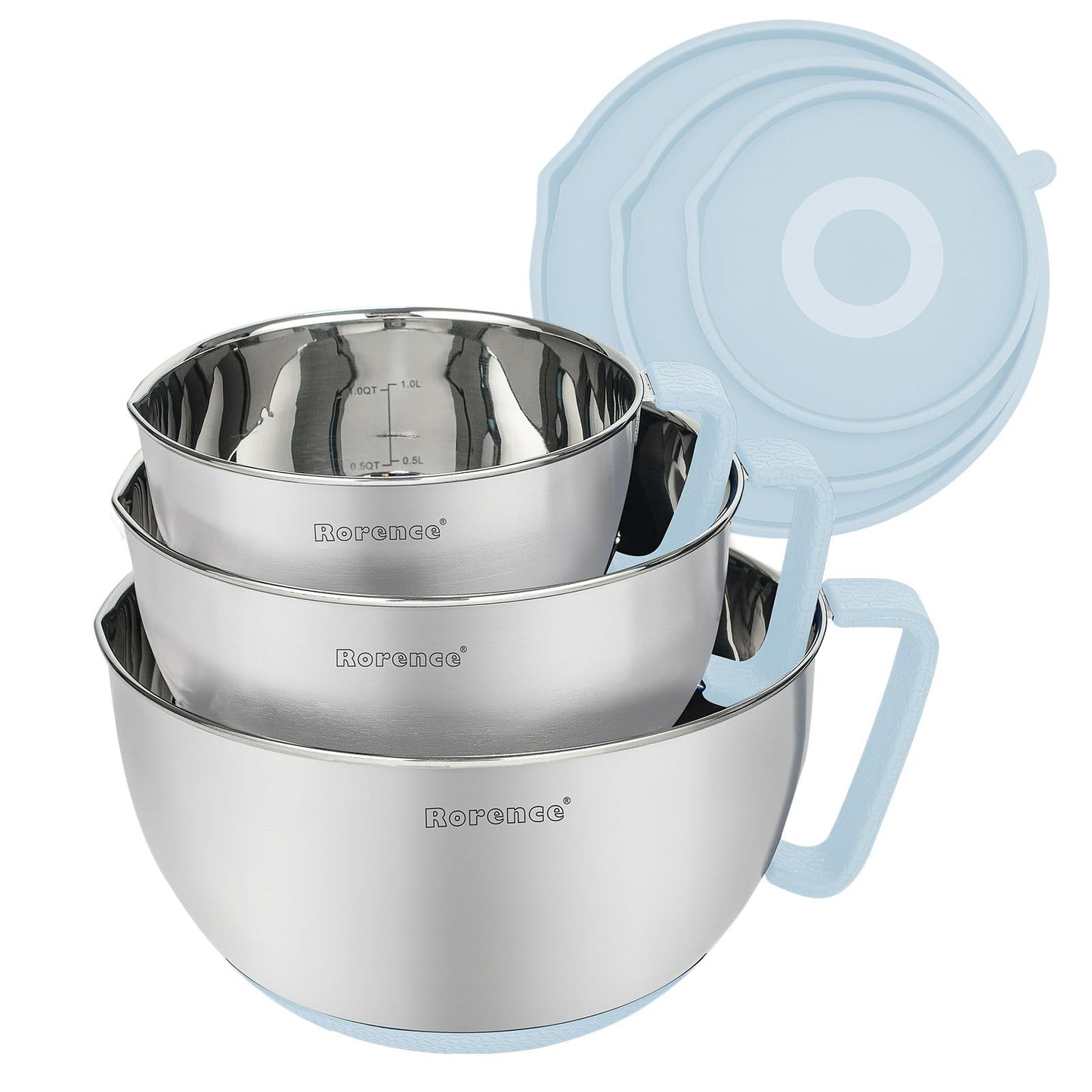Rorence Stainless Steel Non-Slip Mixing Bowls With Pour Spout, Handle and Lid, Set of 3