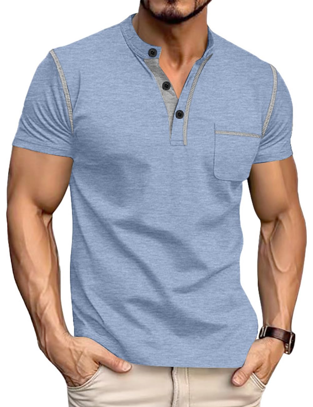 QOSOQ Men's Henley Shirt Short Sleeve T-Shirt Casual Top Pullover Summer Lightweight Tee Shirts with Button