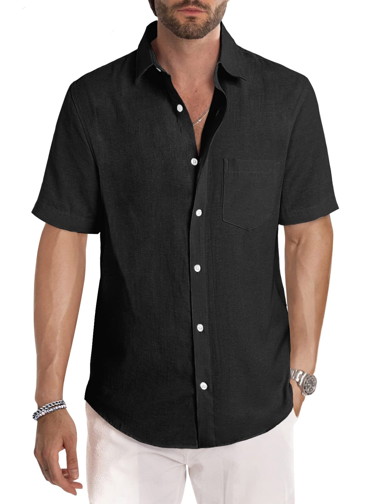JMIERR Men's Casual Stylish Short Sleeve Button-Up Striped Dress Shirt Cotton Beach Shirts