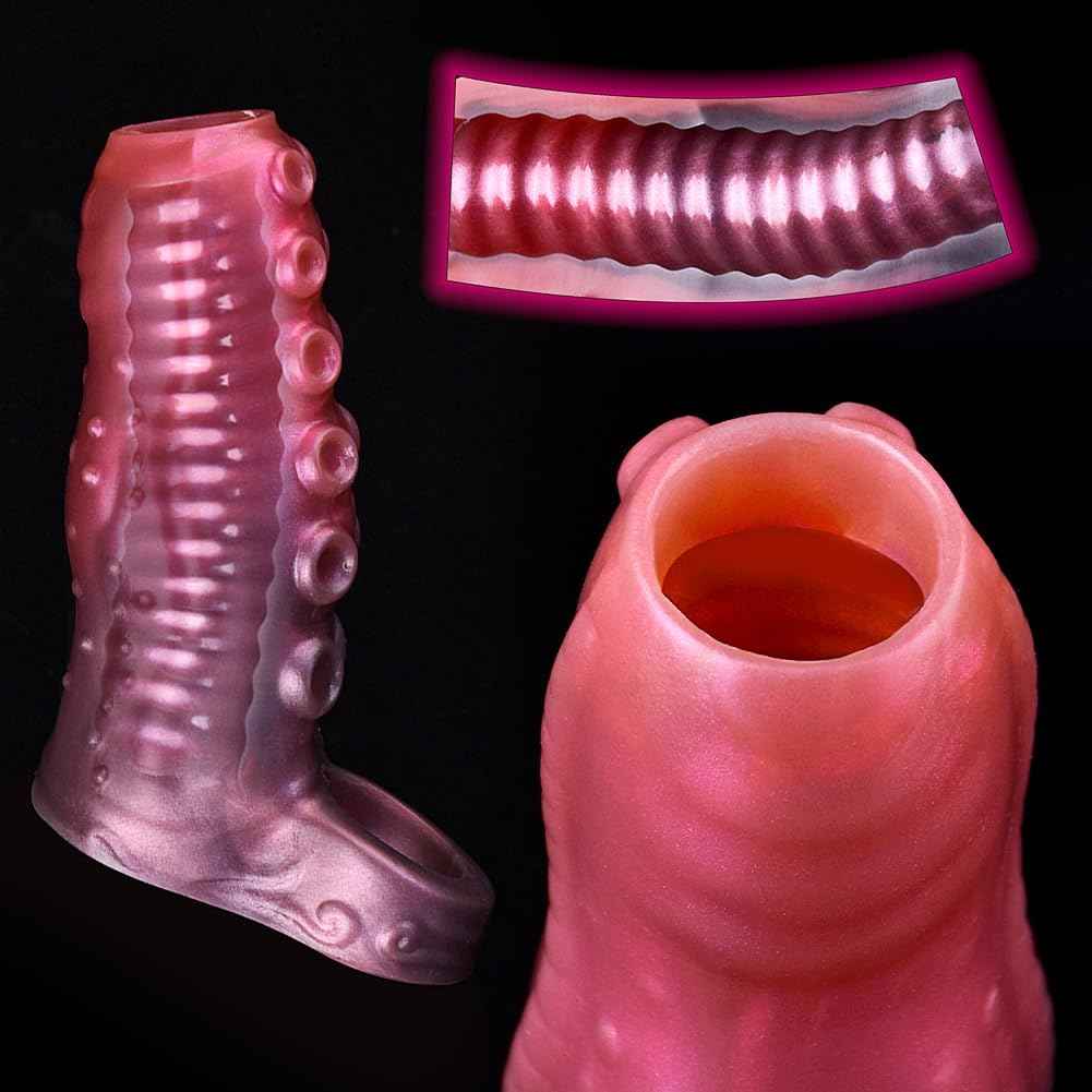 Sex Factory Penis Sleeve Penis Enlargement Sleeve with Particles, Penis Enlarger Sleeve with Cock Ring, Silicone Monster Realistic Penis Extender Male Adult Sex Toy