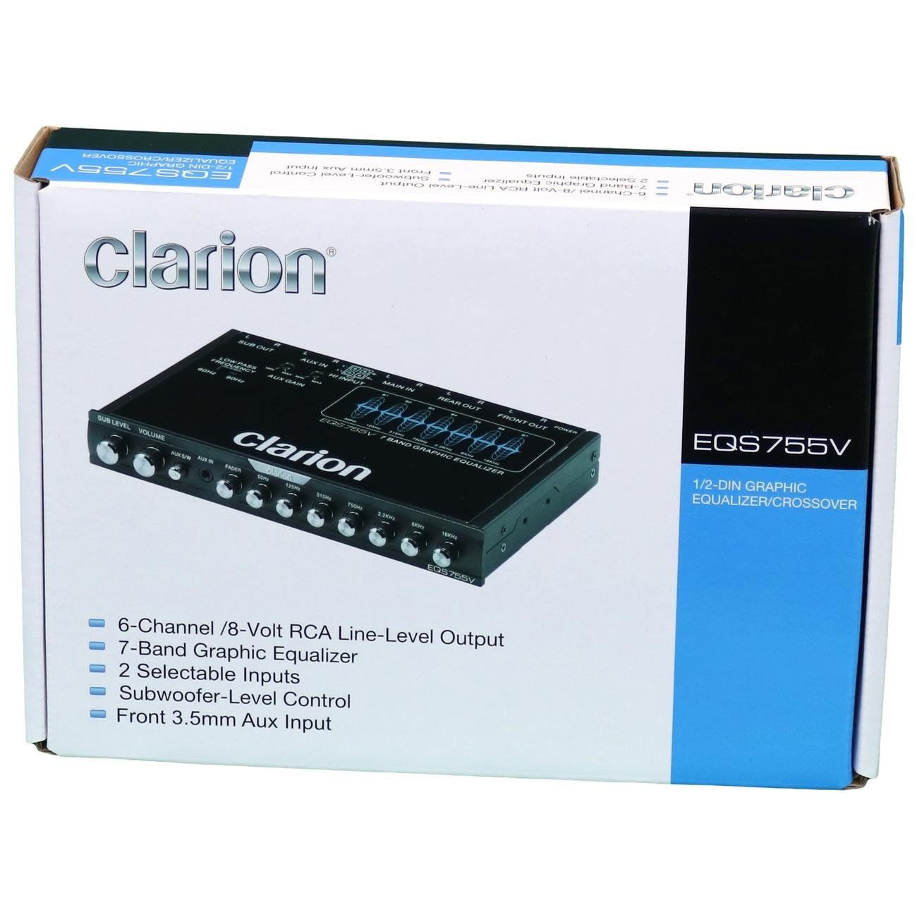 Clarion EQS755V 7-Band Car Audio 1/2-DIN Size Car Graphic Equalizer/Crossover with Front 3.5mm Auxiliary Input, Rear RCA Auxiliary Input and High Level Speaker Inputs