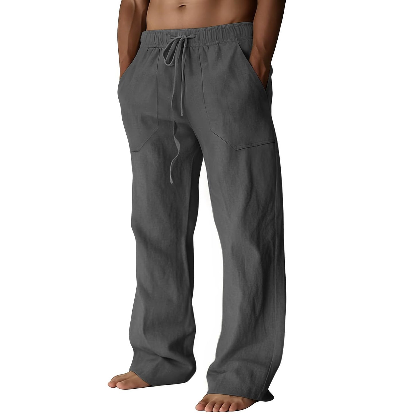Puimentiua Cotton Linen Pants Men Casual Loose Fit Elastic Drawstring Waist Summer Beach Pants