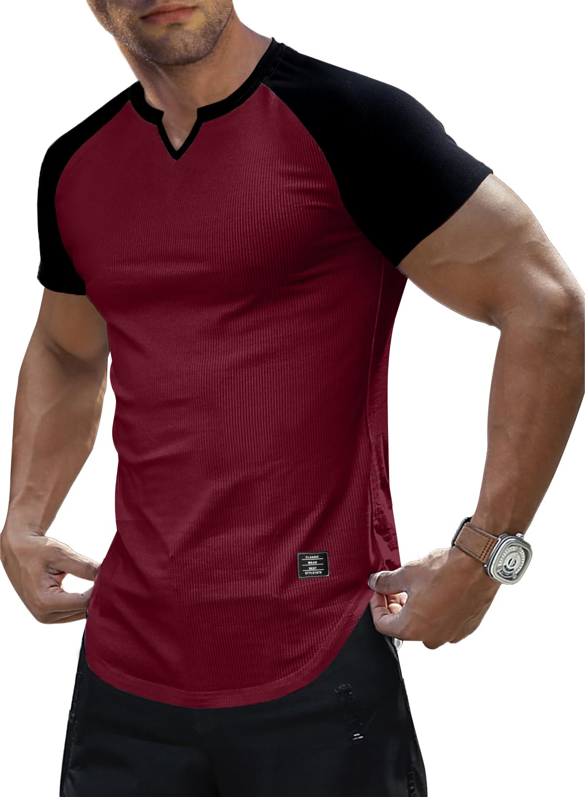 JMIERR Mens Muscle Slim T Shirts Texture V Neck Longline Henley Gym Workout Athletic Tee Shirt