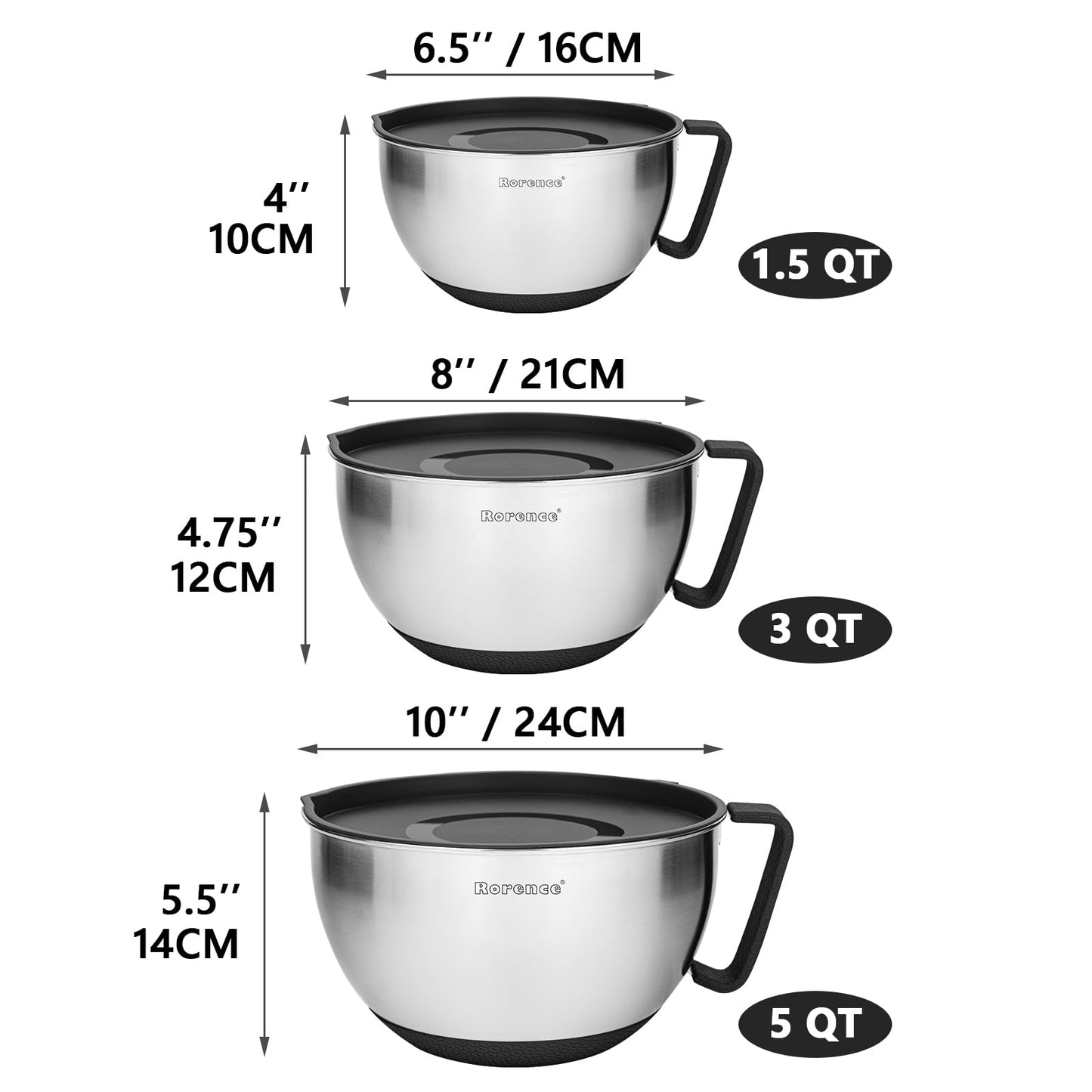 Rorence Stainless Steel Non-Slip Mixing Bowls With Pour Spout, Handle and Lid, Set of 3