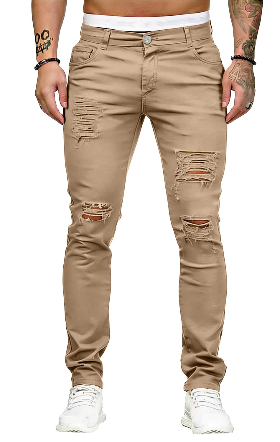 HUNGSON Men's Blue Slim Fit Jeans Stretch Destroyed Ripped Skinny Jeans Side Striped Denim Pants