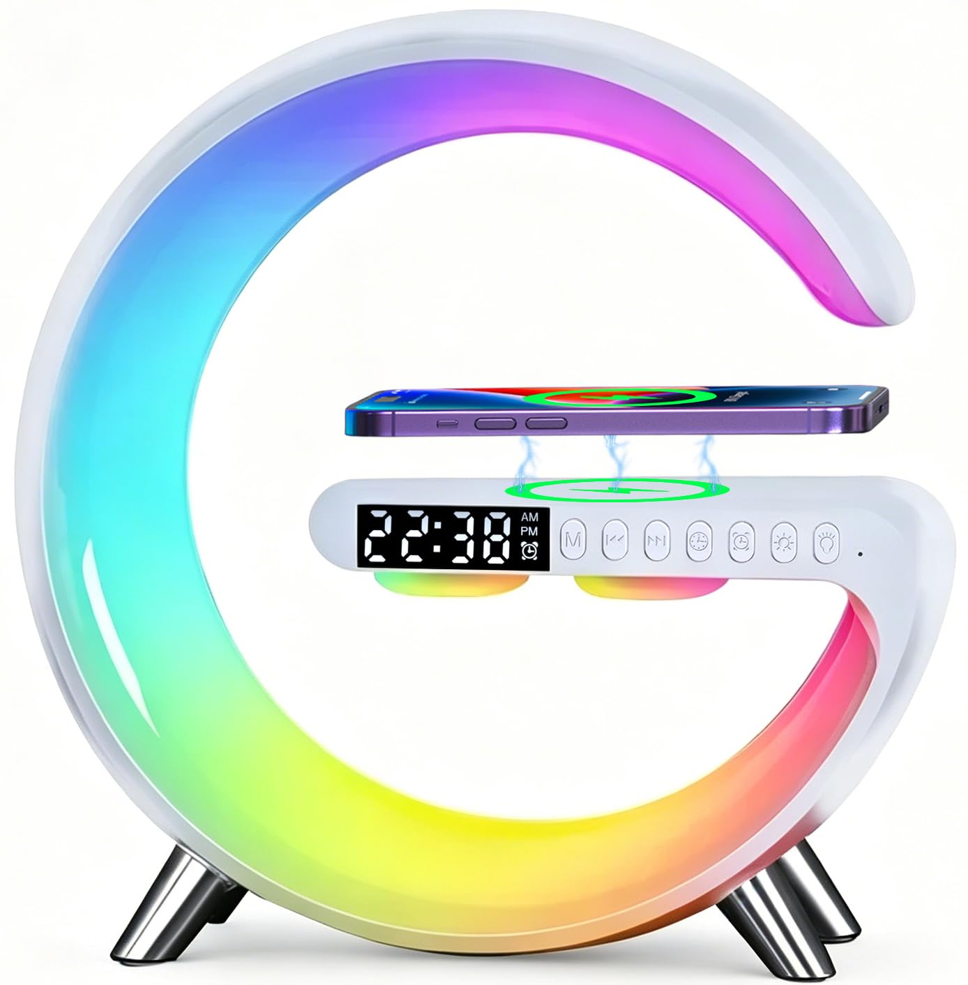 WEKEFON Smart LED Alarm Clock, Wireless Charger with Portable Small Speaker,Wireless Atmosphere Lamp,Multifunctional RGB Night Light & Charging Station,App Control