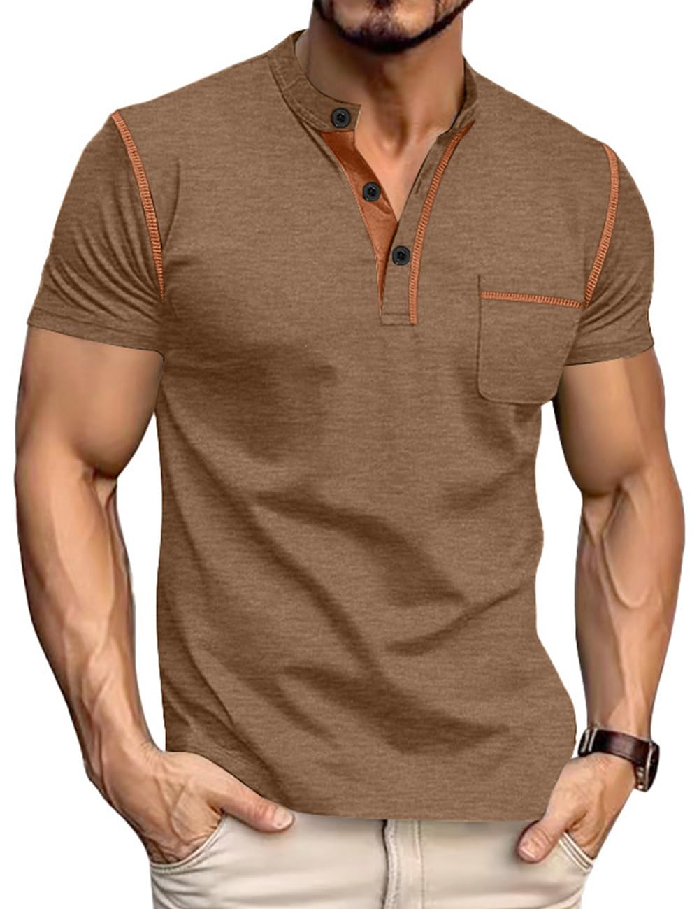 QOSOQ Men's Henley Shirt Short Sleeve T-Shirt Casual Top Pullover Summer Lightweight Tee Shirts with Button