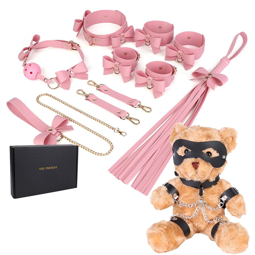 Adult Pink BDSM Beginner 9-Piece Set Leather with Handcuffs Bear Doll Bondage Paddle Sweater
