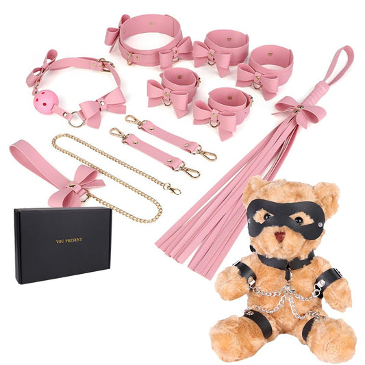 Adult Pink BDSM Beginner 9-Piece Set Leather with Handcuffs Bear Doll Bondage Paddle Sweater