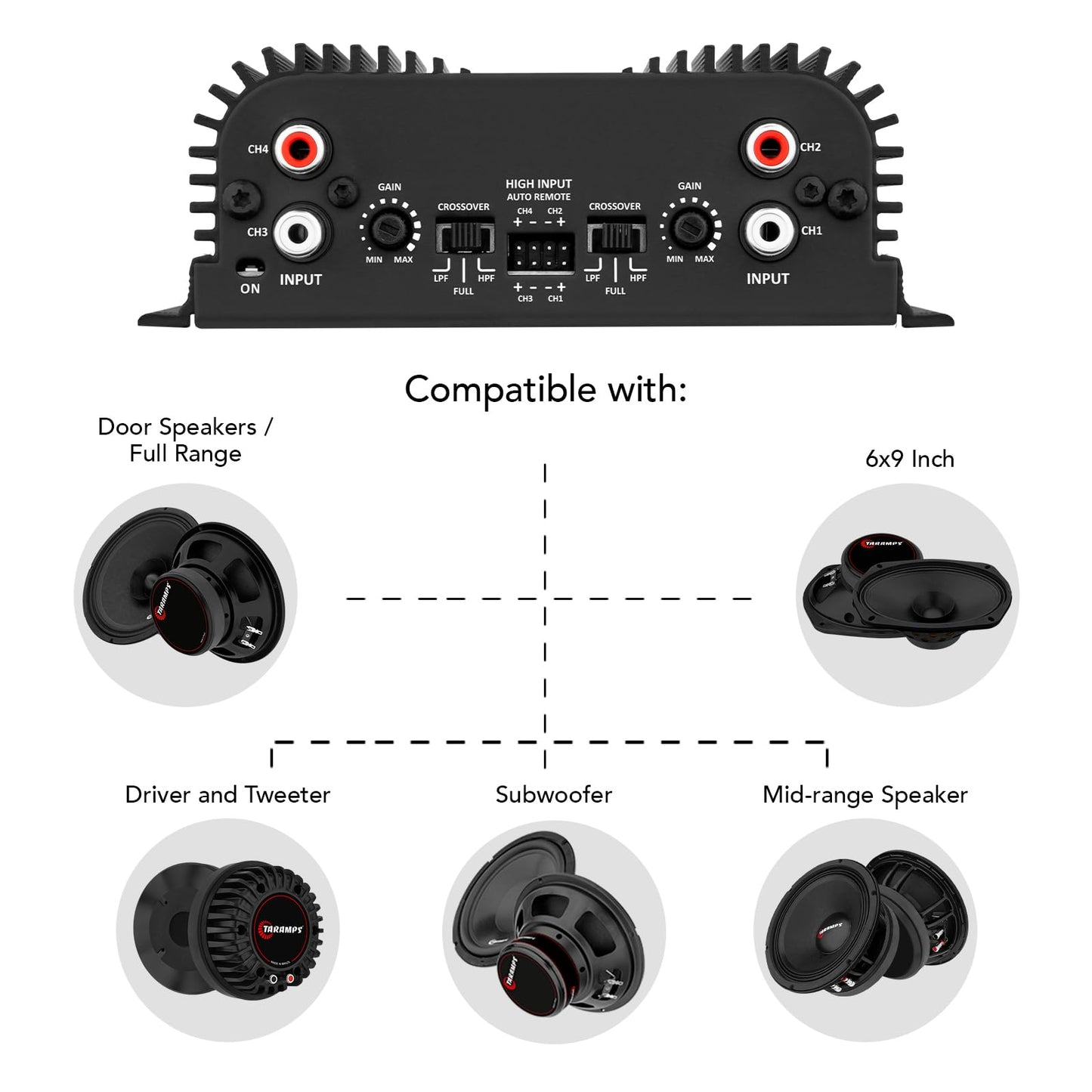 Taramps TS 400x4 2 Ohms Black Multichannel Stereo Amplifier 400 Watts Rms, 4 Channels, Full Range, Car Audio Digital 2 Bridged Channel, Crossover High/Low Pass, with RCA and Automatic High Level Input