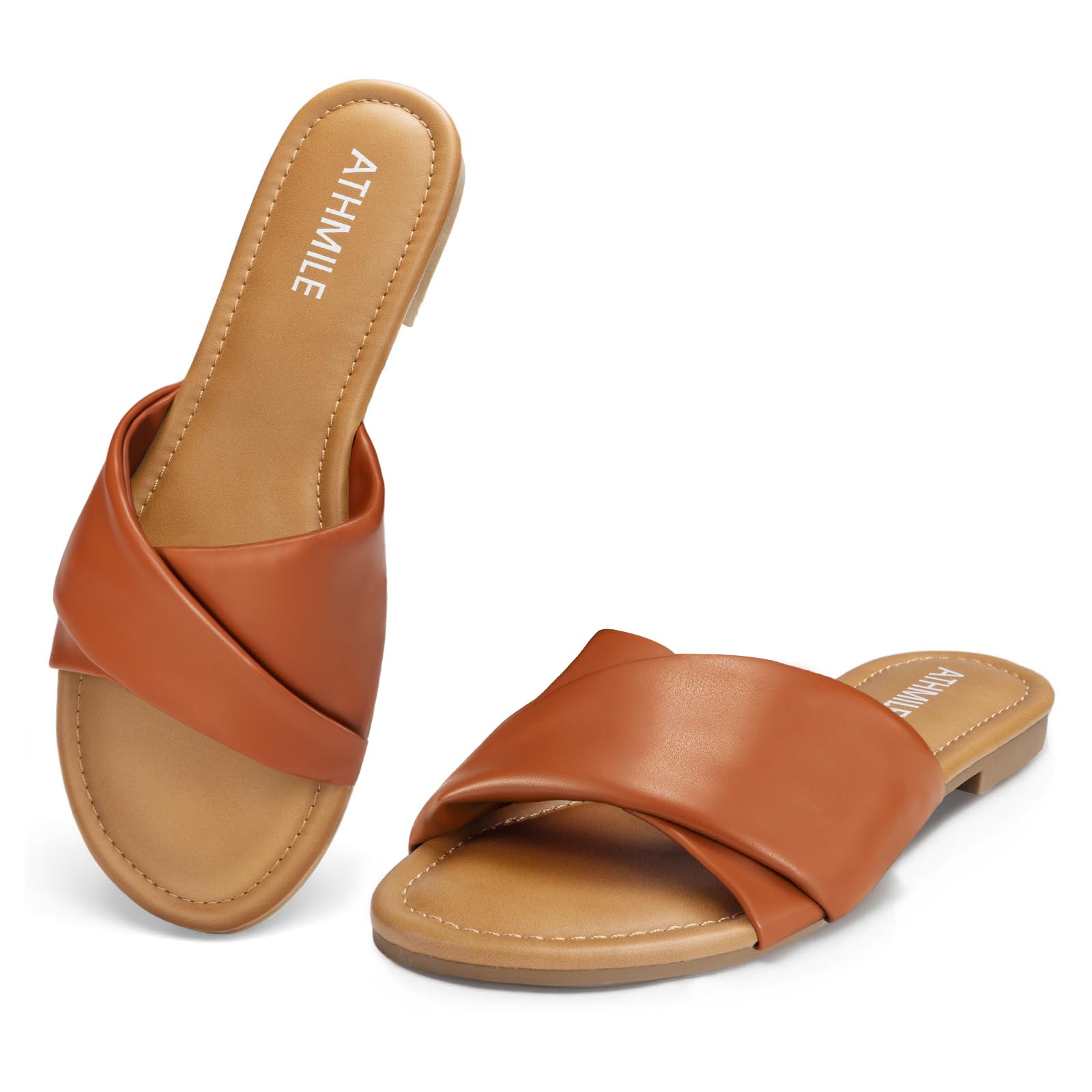 ATHMILE Sandals for Women 2026 Dressy Summer Flat Comfortable Fashion Beach Cute Ladies Slides Leather Casual Dress Women's Sandals Size 6-11