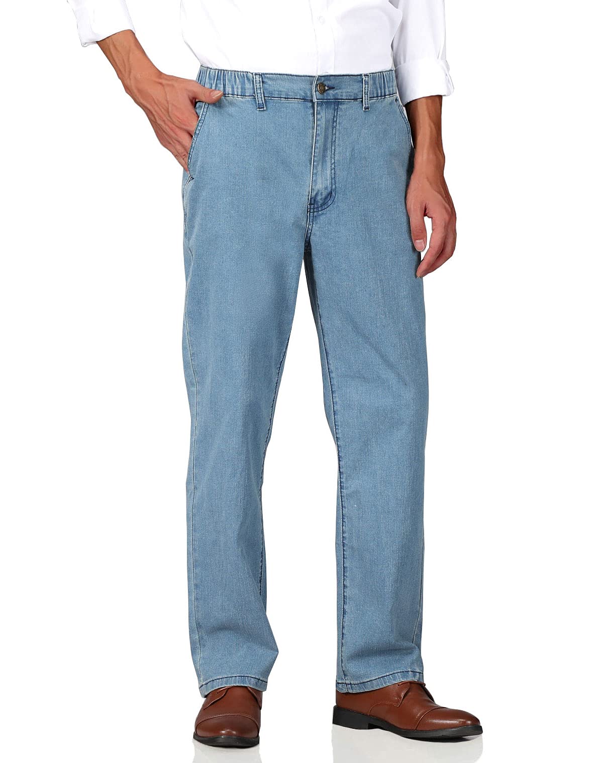 Soojun Mens Elastic Waist Jeans Relaxed Fit with Zipper and Button