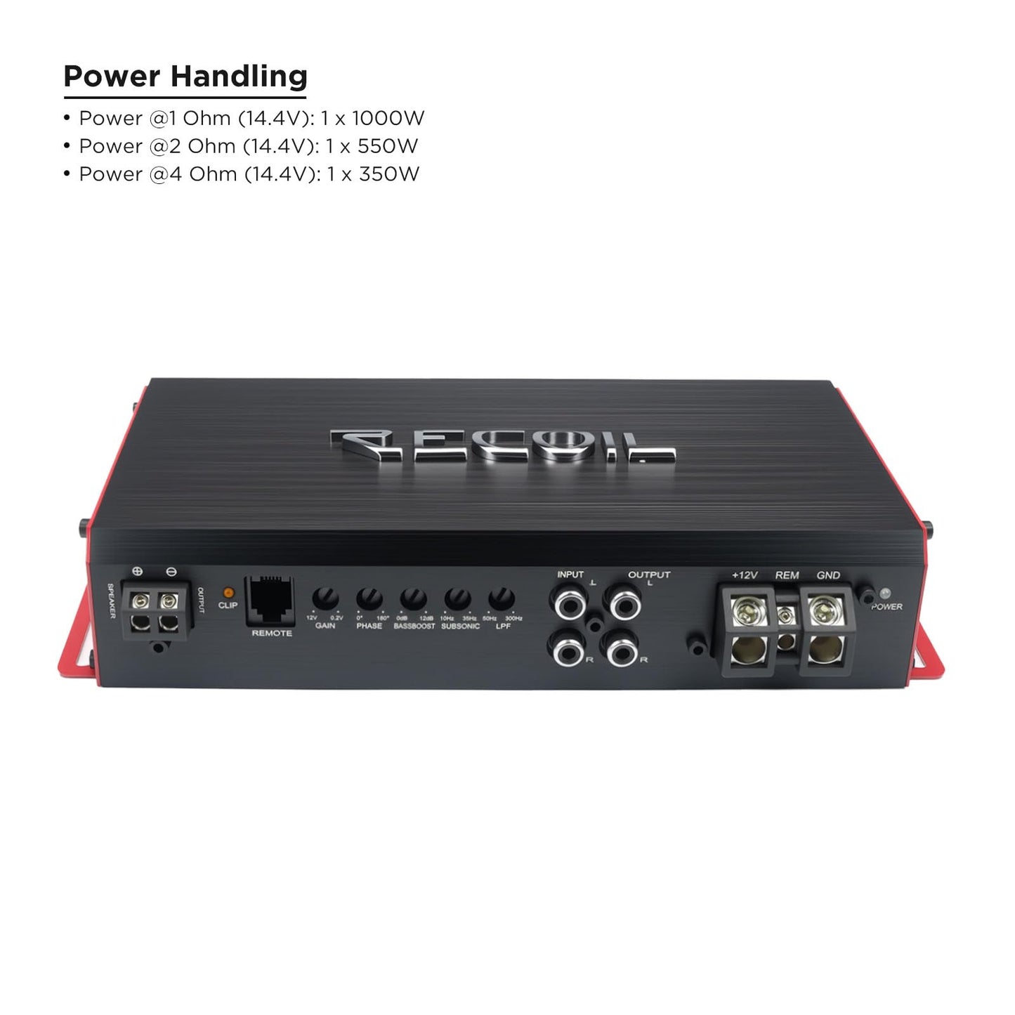 RECOIL RS1000.1 Class D Mono Block Amplifier Car Audio 1000W RMS Power, Stable 1/2/4 Ohm - Subwoofer Amp with Side Controls & Enhanced Cooling Bass Amplifier