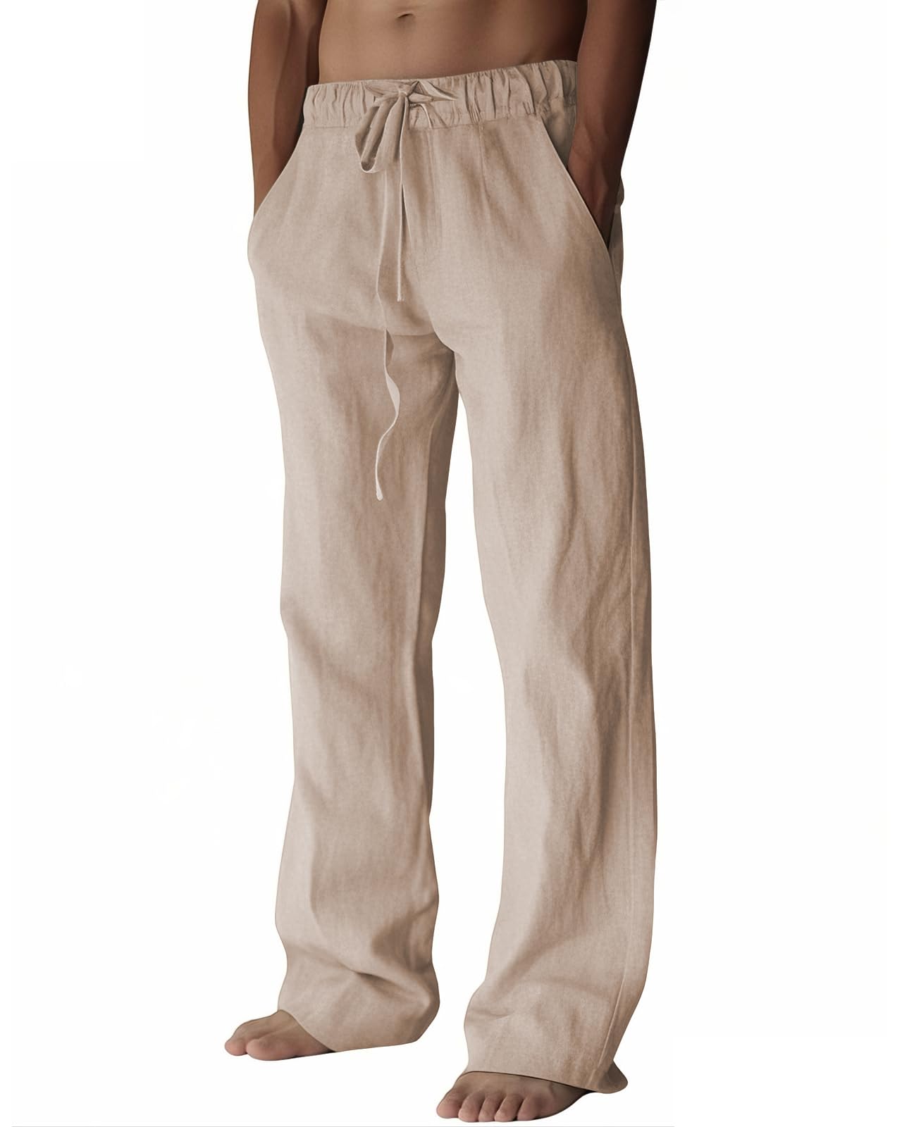 PIDOGYM Mens Cotton Linen Pants, Summer Beach Pants Casual Loose Fit with Elastic Waist Drawstring