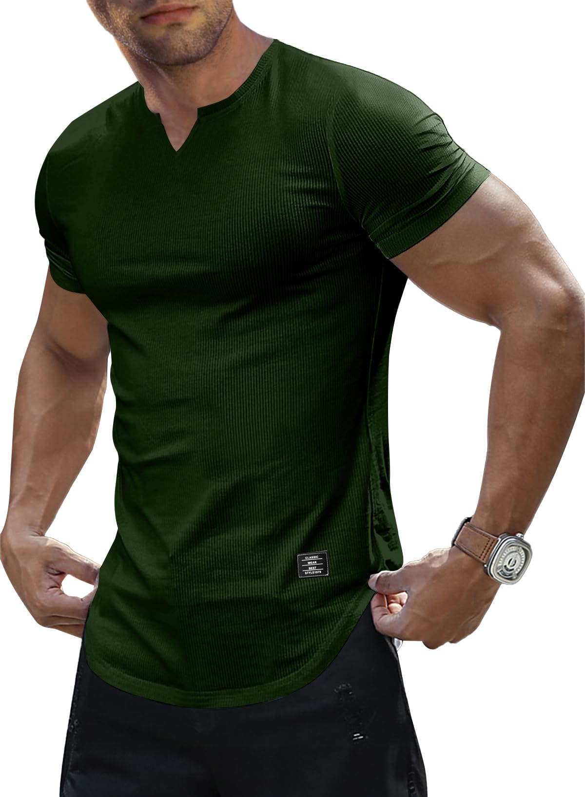 JMIERR Mens Muscle Slim T Shirts Texture V Neck Longline Henley Gym Workout Athletic Tee Shirt