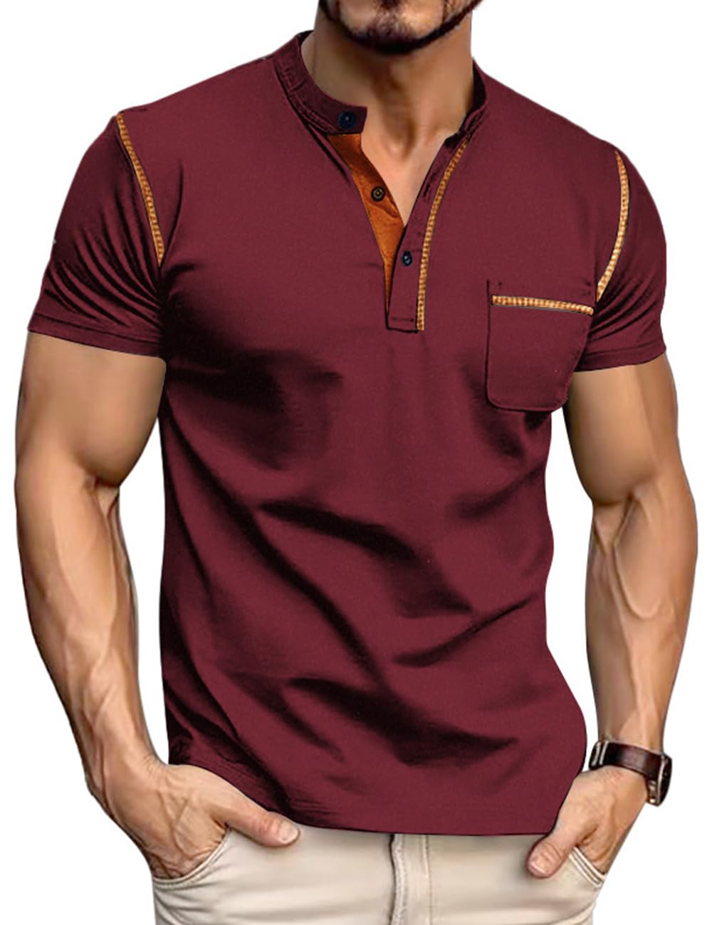 QOSOQ Men's Henley Shirt Short Sleeve T-Shirt Casual Top Pullover Summer Lightweight Tee Shirts with Button