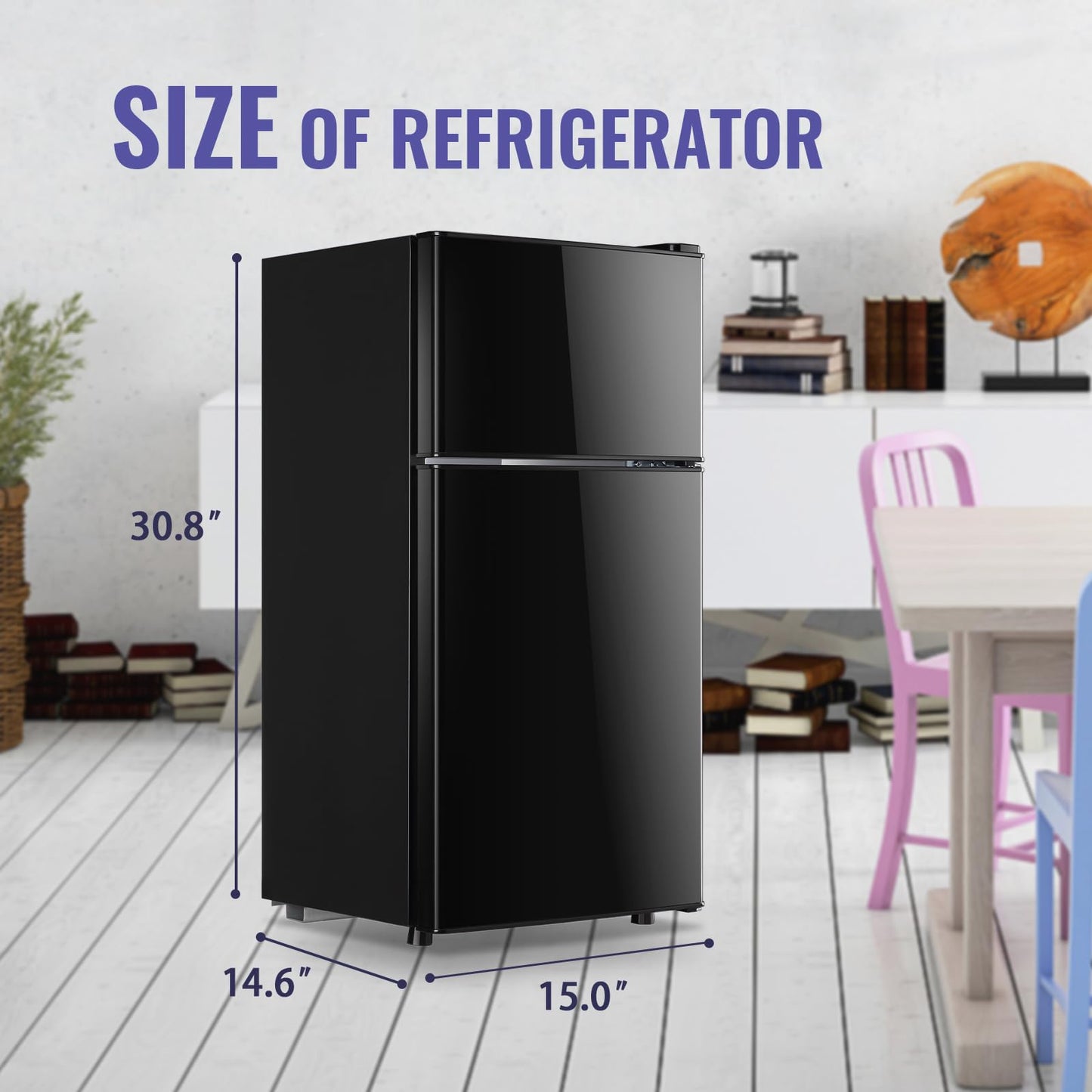 DEMULLER Refrigerator with Freezer Double Door Fridge Removable Plastic Shelves Black Silver