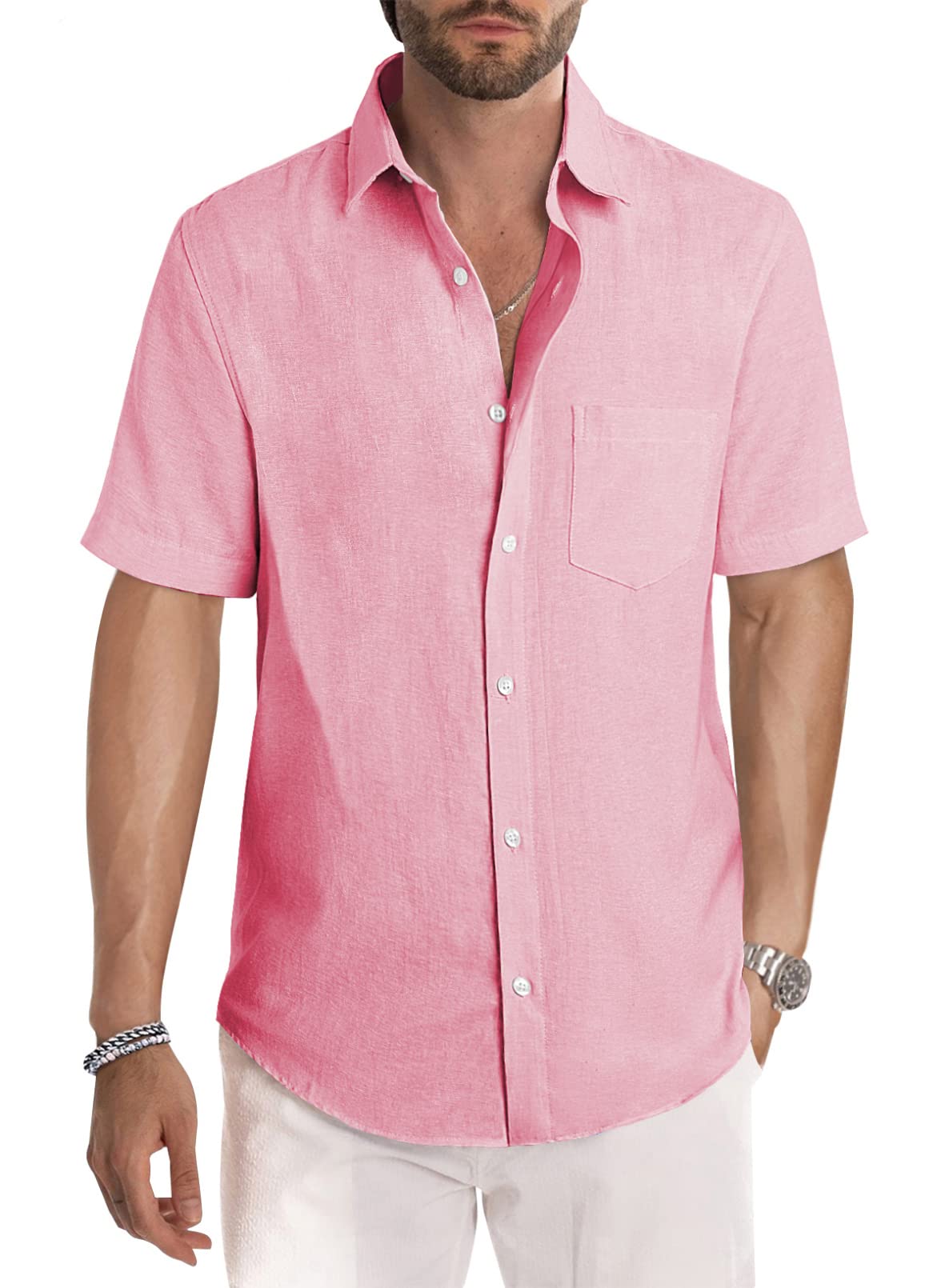 JMIERR Men's Casual Stylish Short Sleeve Button-Up Striped Dress Shirt Cotton Beach Shirts