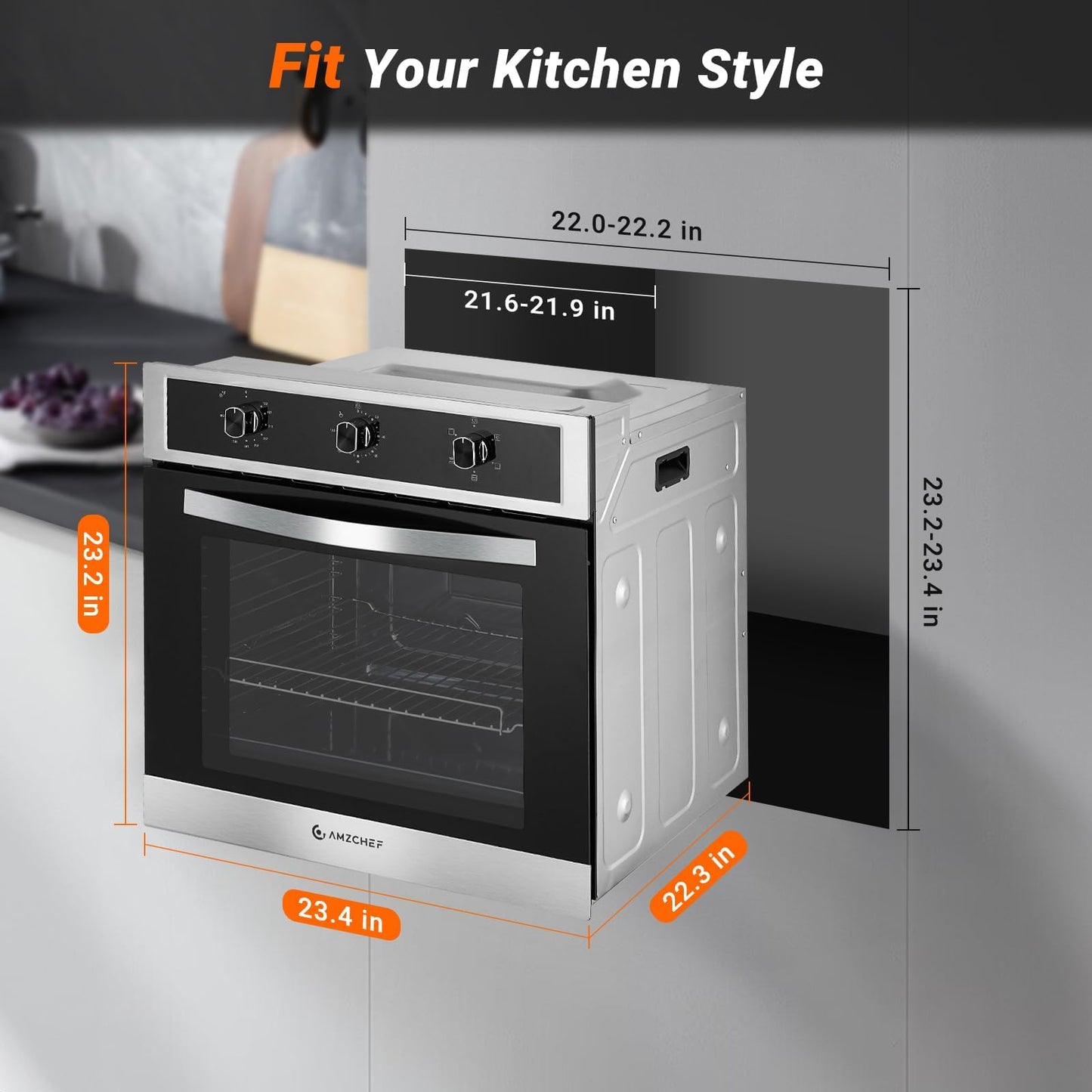 24" Single Wall Oven for Kitchen: 2200W Built-in Electric Wall Oven with Mechanical Knobs Control