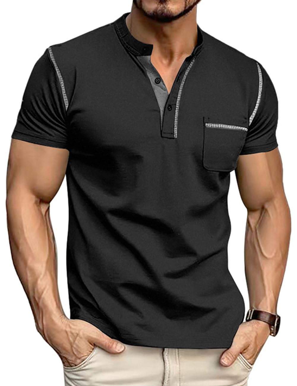 QOSOQ Men's Henley Shirt Short Sleeve T-Shirt Casual Top Pullover Summer Lightweight Tee Shirts with Button