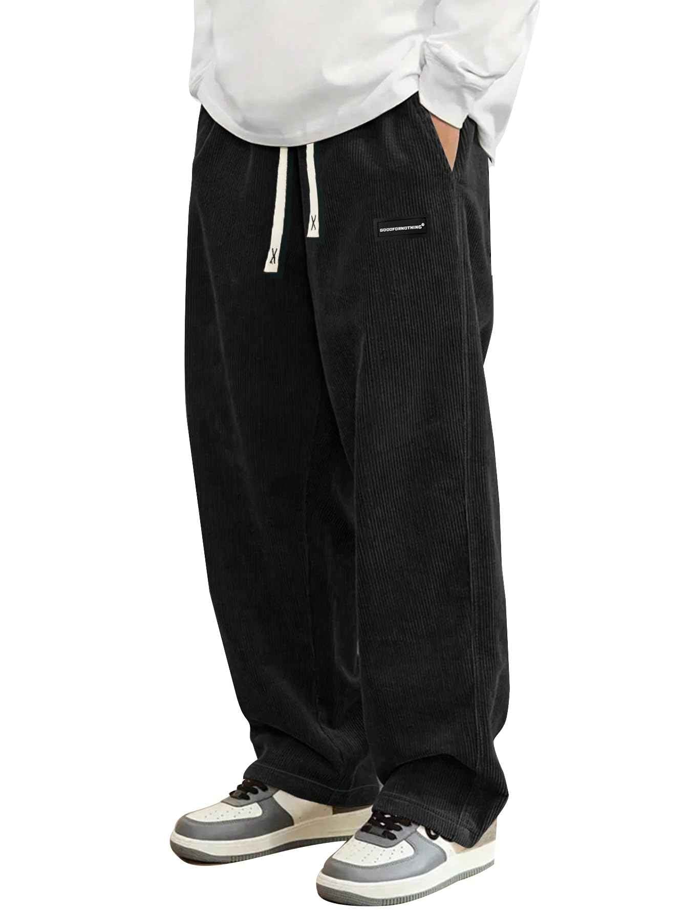 Hidkat Mens Corduroy Casual Pants Fashion Loose Fit Wide Leg Pants Straight Sweatpants Elastic Waist Drawstring