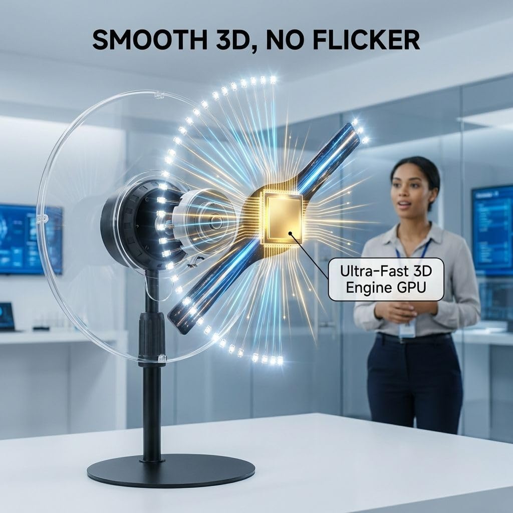 NAFLNE3D Hologram Fan With WiFi APP Control Holographic Display With High-Brightness LED, Adjustable Height, 1000-Video Library, Ideal For Trade Shows & Retai