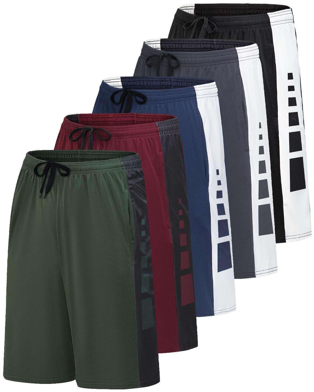 Real Essentials Men’s 5 Pack: 9" Dry-Fit Shorts – Athletic Gym, Workout, Basketball, Running, Casual Lounge Active Pockets