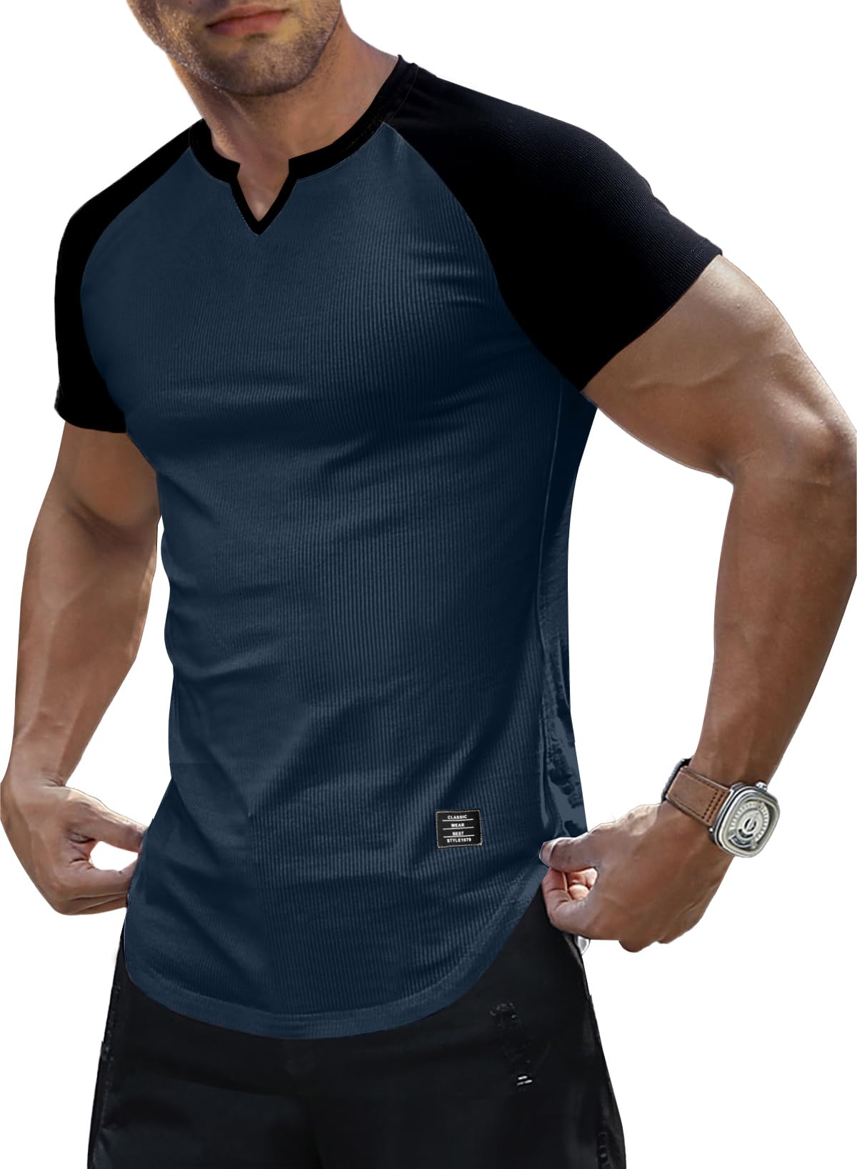 JMIERR Mens Muscle Slim T Shirts Texture V Neck Longline Henley Gym Workout Athletic Tee Shirt