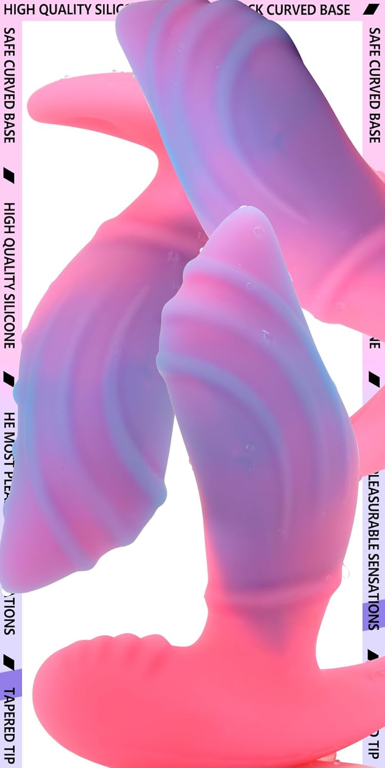 Anal Plug with Thick Curved Base - Pink + Blue Silicone Wearable Butt Plug Dilator - 4.41 x 1.3 Inch Anal Stretcher Fantasy Prostate Sex Toys for Men Women Masturbation