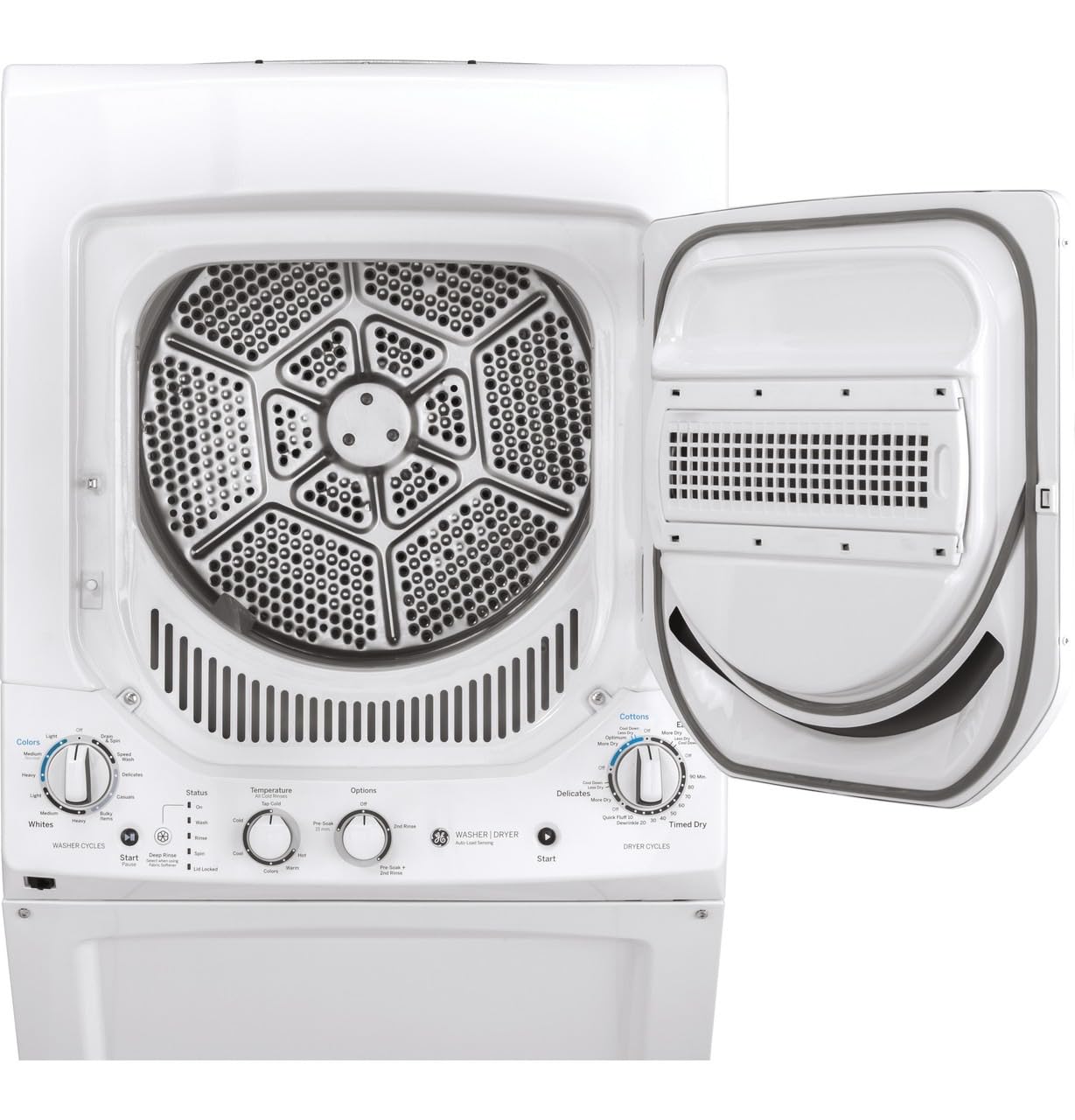 GE Unitized Spacemaker® 2.3 Cu. Ft. Washer and 4.4 Cu. Ft. Electric Dryer Laundry Center, 24-Inch, White – GUD24ESSMWW