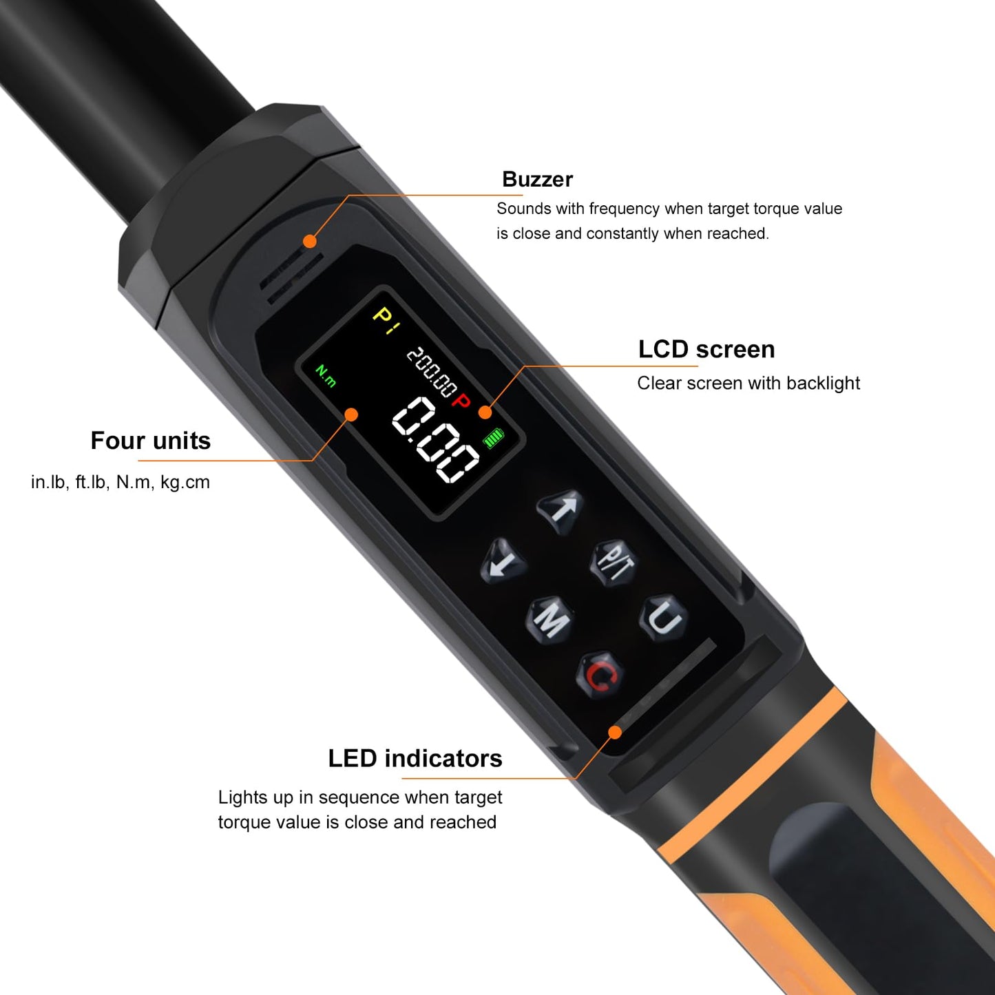 Uharbour Digital Torque Wrench 3/8 Drive, 1.5-99.5 ft-lbs./6.8-135Nm Range, Electric Torque Wrench with Dual Direction Ratchet, ±1% Accuracy with Vibration, Buzzer and LED Alert