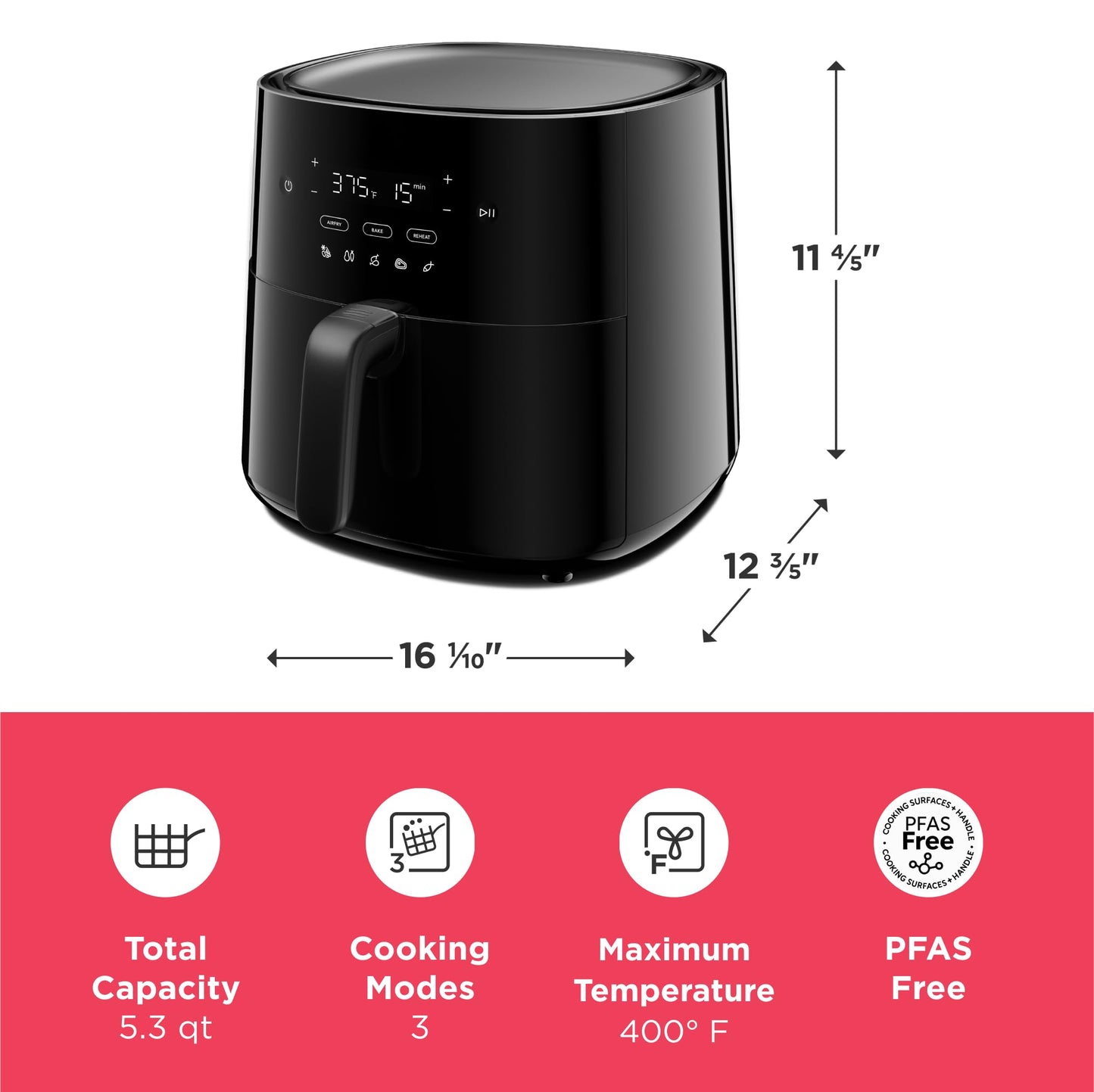 Frigidaire 1 Air Fryer 5/7 Preprogrammed Recipes, Black