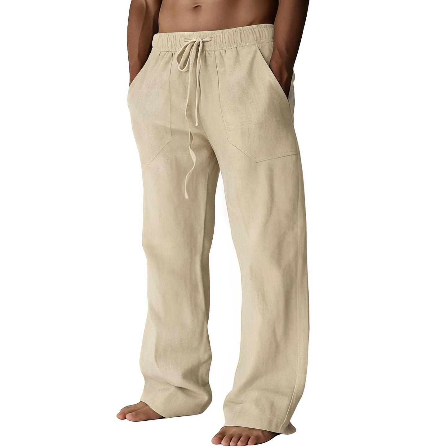 Puimentiua Cotton Linen Pants Men Casual Loose Fit Elastic Drawstring Waist Summer Beach Pants