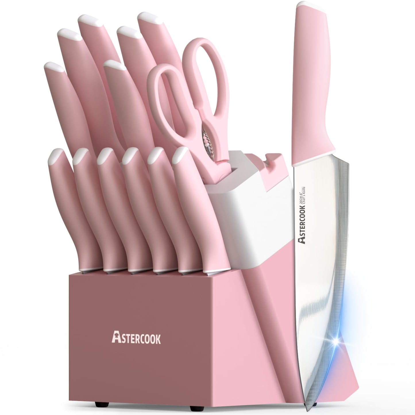 Astercook Knife Set Kitchen with Block and Sharpener 15 Pcs German Stainless Steel Knives Sharp Blade Dishwasher Safe Kitchen Utensils Set Deba Knives with Anti-slip Ergonomic Handle
