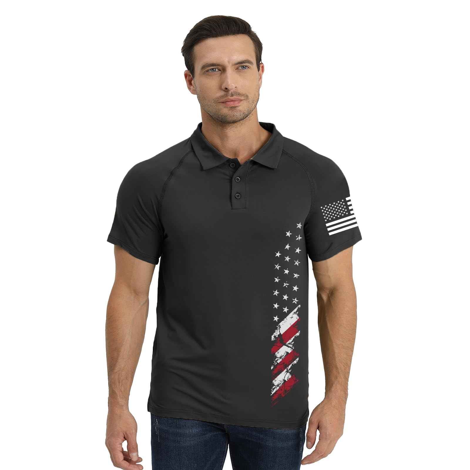 H HYFOL Short Sleeve Polo Shirts for Men Graphic Stretch Casual American Patriotic Raglan Golf Polos for Men