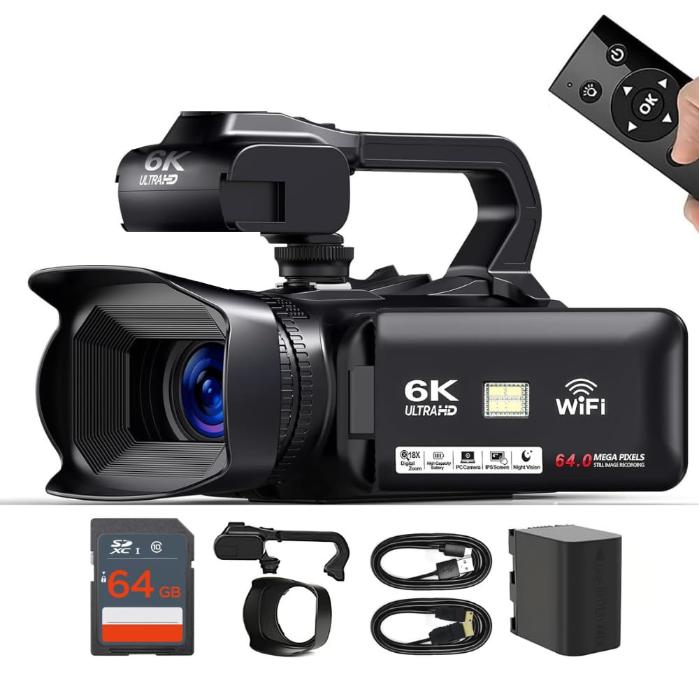 Acuvar 4K 64MP Video Camera Camcorder Auto Focus Vlogging Camera for YouTube 60FPS 18X Zoom Digital Video Camera with WiFi, Webcam, Mic, Stabilizer, 64GB SD Card, Card Reader, Remote Control