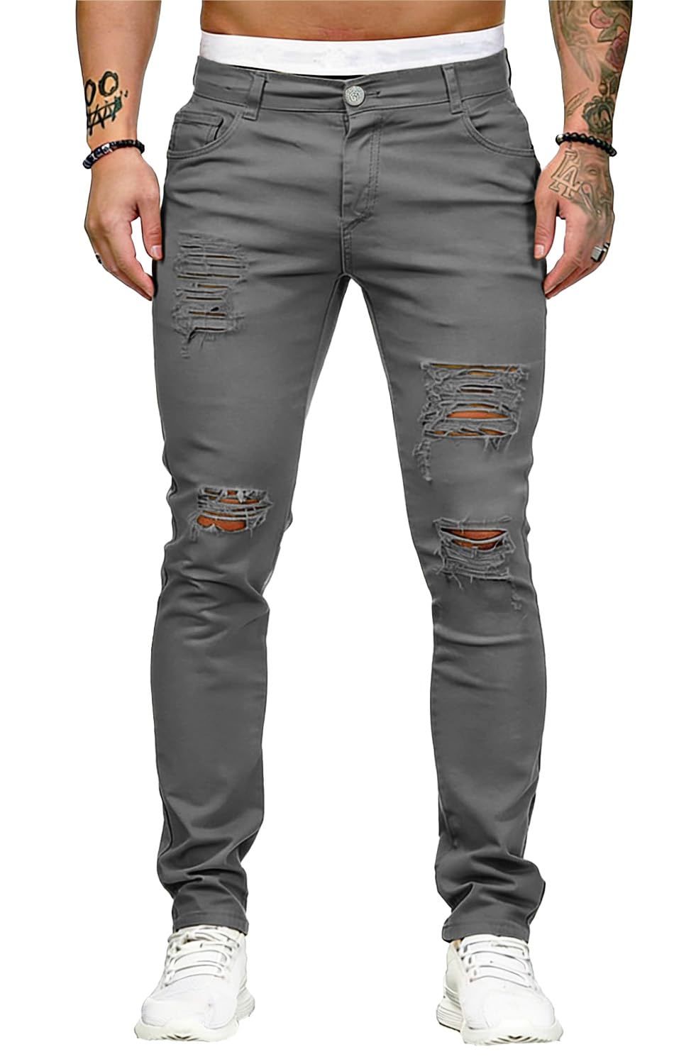 HUNGSON Men's Blue Slim Fit Jeans Stretch Destroyed Ripped Skinny Jeans Side Striped Denim Pants