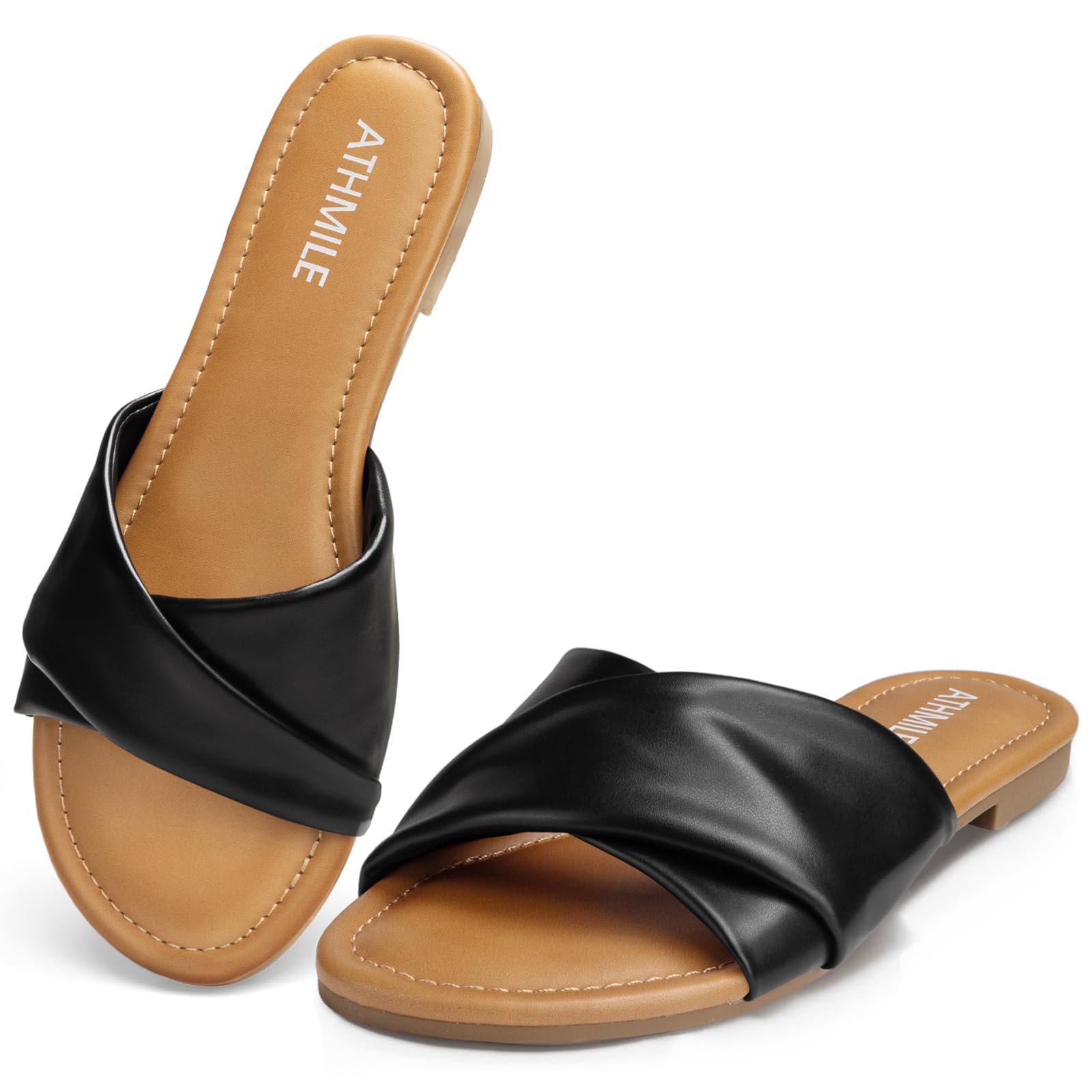 ATHMILE Sandals for Women 2026 Dressy Summer Flat Comfortable Fashion Beach Cute Ladies Slides Leather Casual Dress Women's Sandals Size 6-11