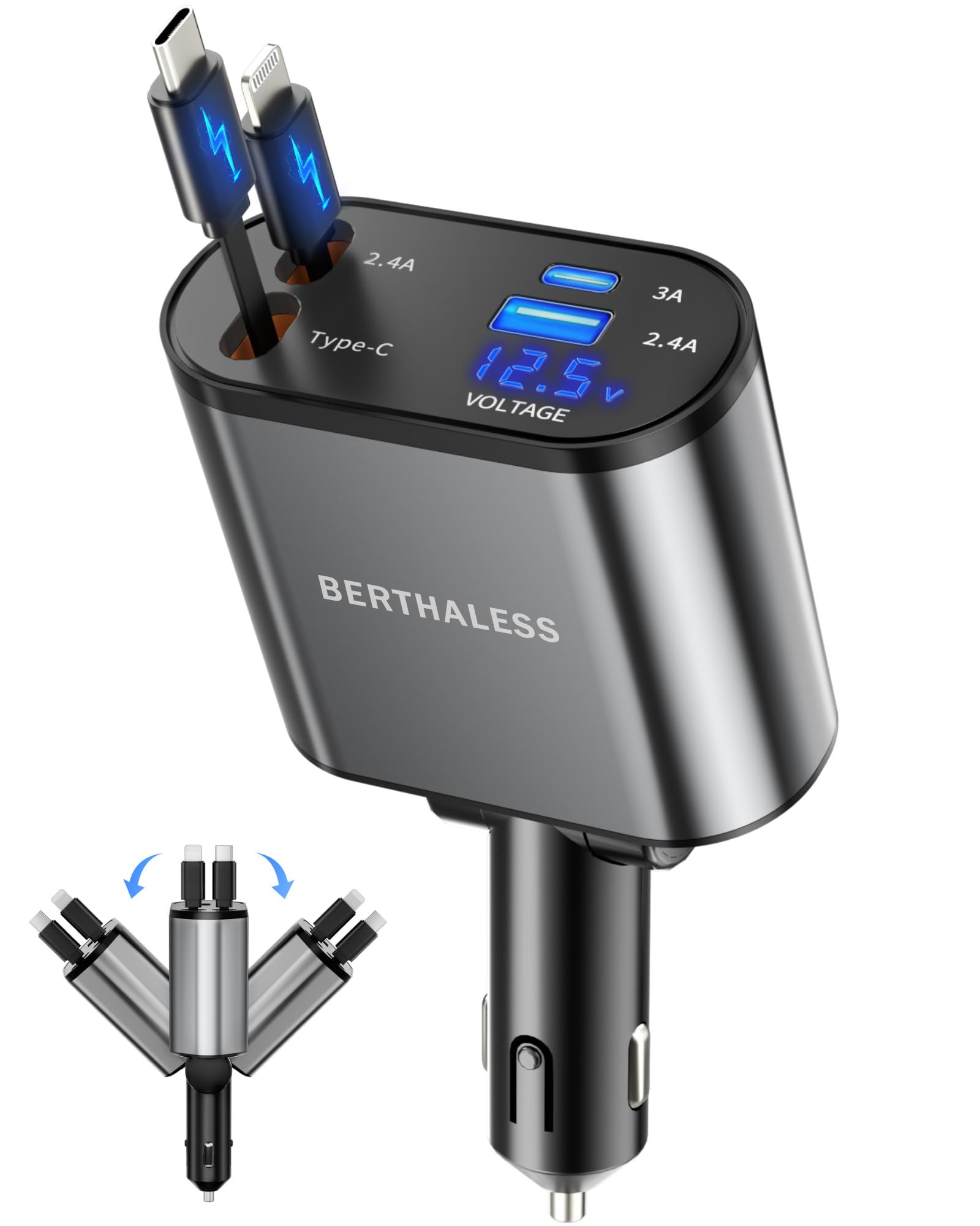 Retractable Car Charger, 4 in 1 Fast Charging Car Charger
