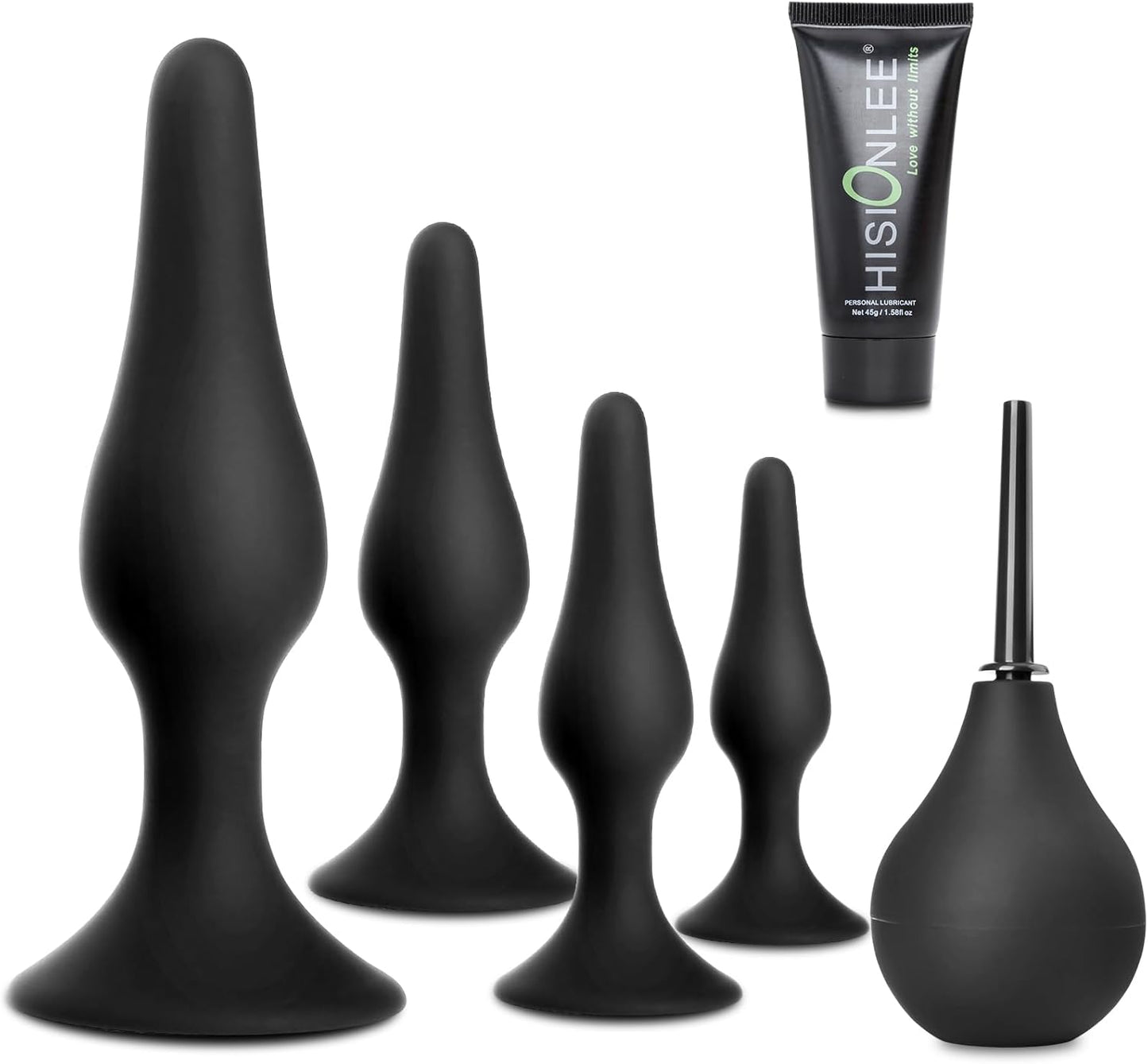 Butt Plug Anal Plug Sex Toys, HISIONLEE 5PCS Sex Anal Toys Silicone Anal Butt Plugs Training Kit with Enema Adult Sex Toys & Games for Women Male and Beginners (Black)