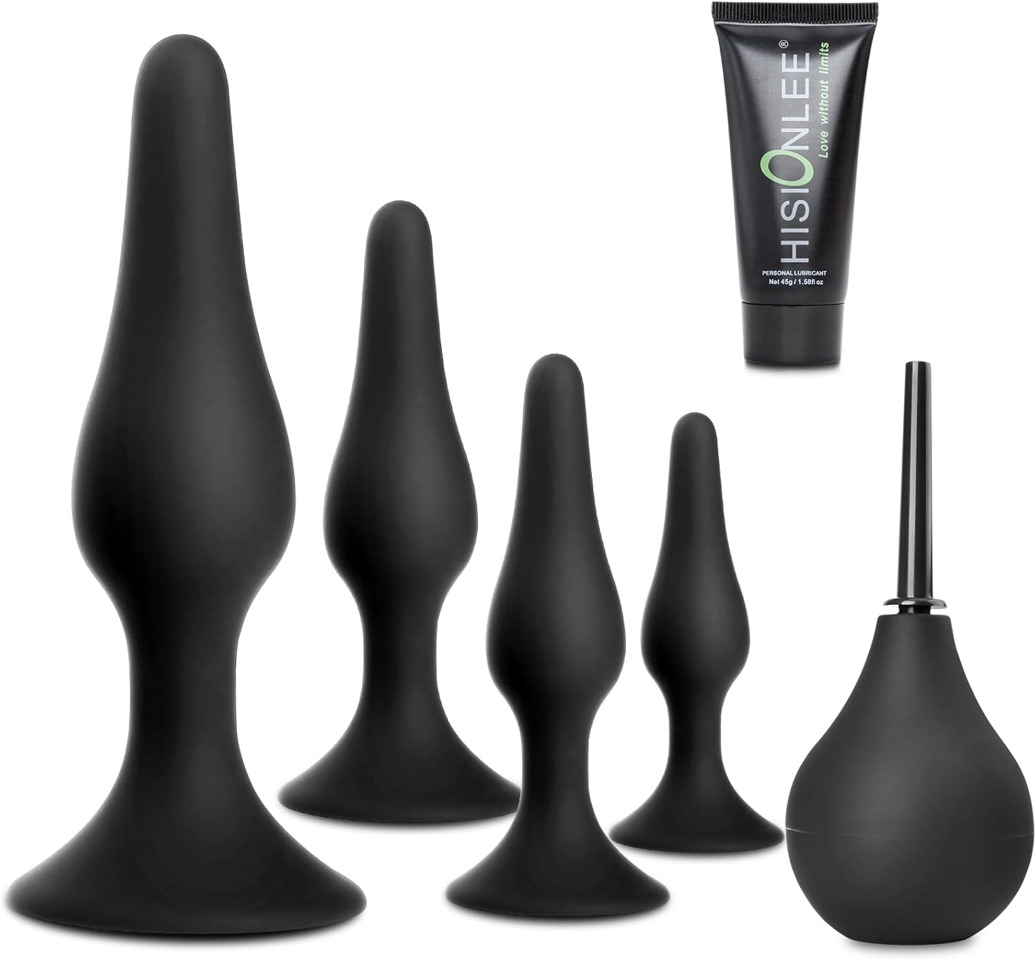 Butt Plug Anal Plug Sex Toys, HISIONLEE 5PCS Sex Anal Toys Silicone Anal Butt Plugs Training Kit with Enema Adult Sex Toys & Games for Women Male and Beginners (Black)