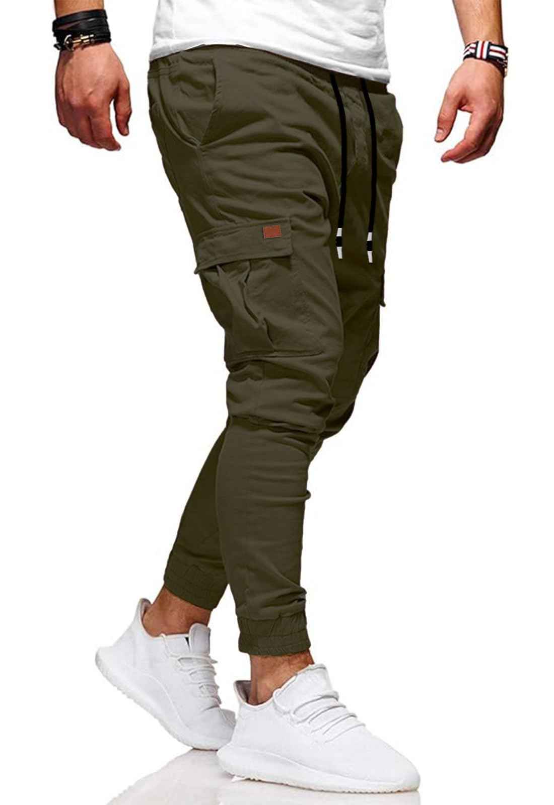 HUNGSON Men's Slim Fit Casual Cargo Pants with Drawstring Long Pants