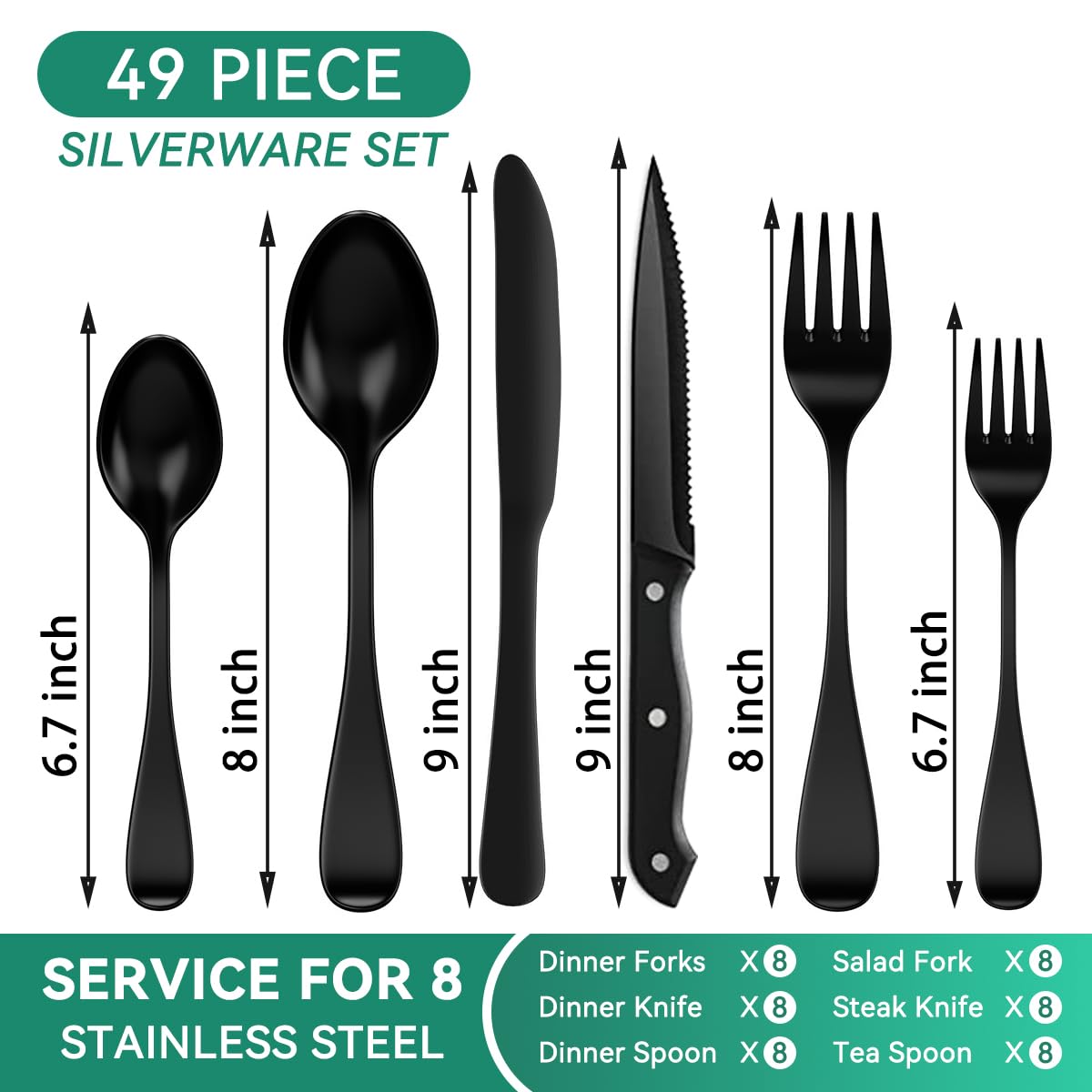 49-Piece Silverware Set with Organizer, Stainless Steel Flatware Utensils Set for 8, Forks and Spoons Silverware Set Cutlery Set with Steak Knives, Dishwasher Safe