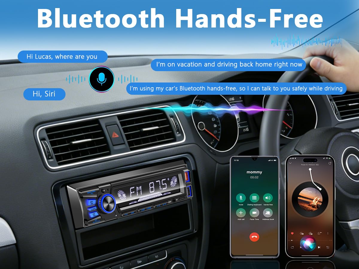 Car Radio Bluetooth Single DIN Car Stereo with Bluetooth,Car Audio with Push to Talk Button for Handsfree Calling,FM/ MP3/EQ/SD/AUX,Dual USB,iOS & Android App Control,7 LED Colors | No CD Player
