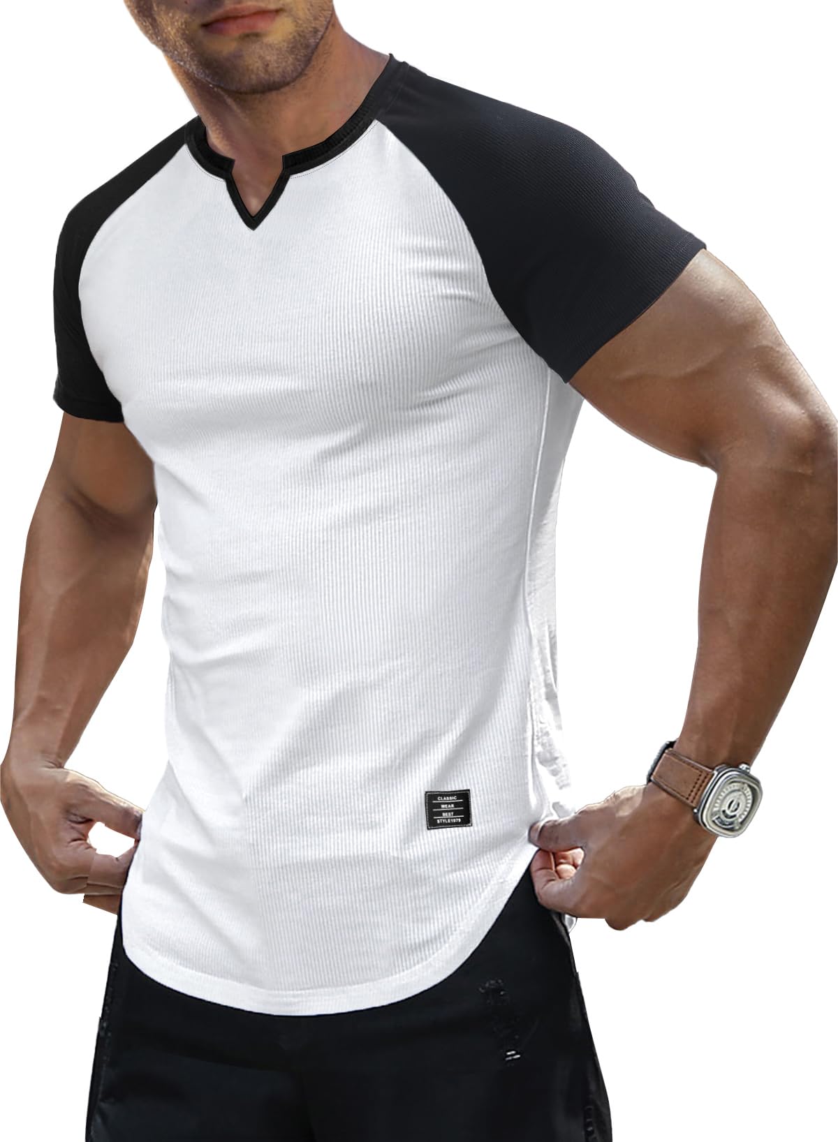 JMIERR Mens Muscle Slim T Shirts Texture V Neck Longline Henley Gym Workout Athletic Tee Shirt