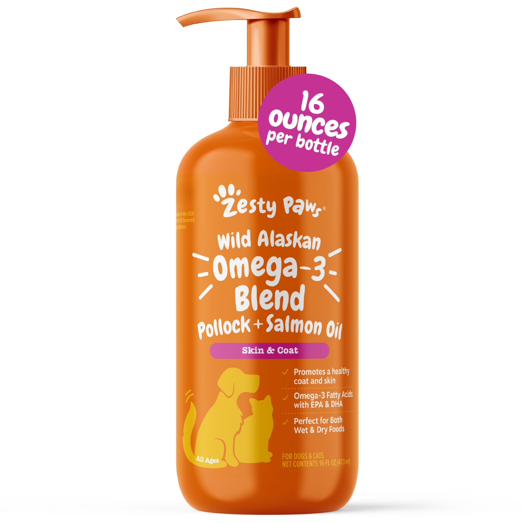 Zesty Paws Wild Alaskan Omega-3 Blend Pollock + Salmon Oil for Dogs and Cats- Skin and Coat Support, Omega 3 Supplement for Pets