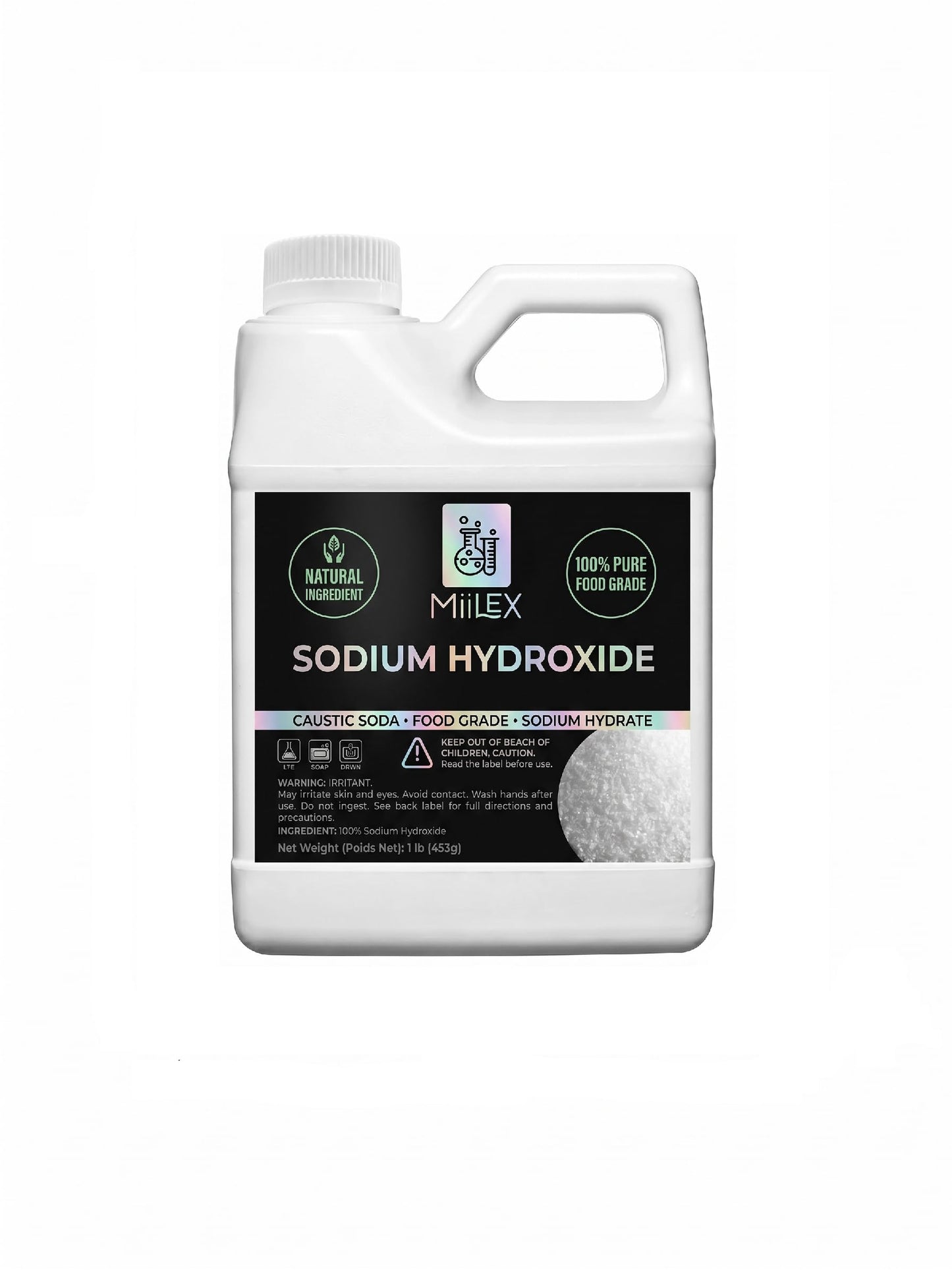 Food Grade Lye Sodium Hydroxide - (1lbs or 453g) 100% Pure Caustic Soda, Drain Cleaning, Soap Making, Culinary Use, Pretzels, Textiles, Granules